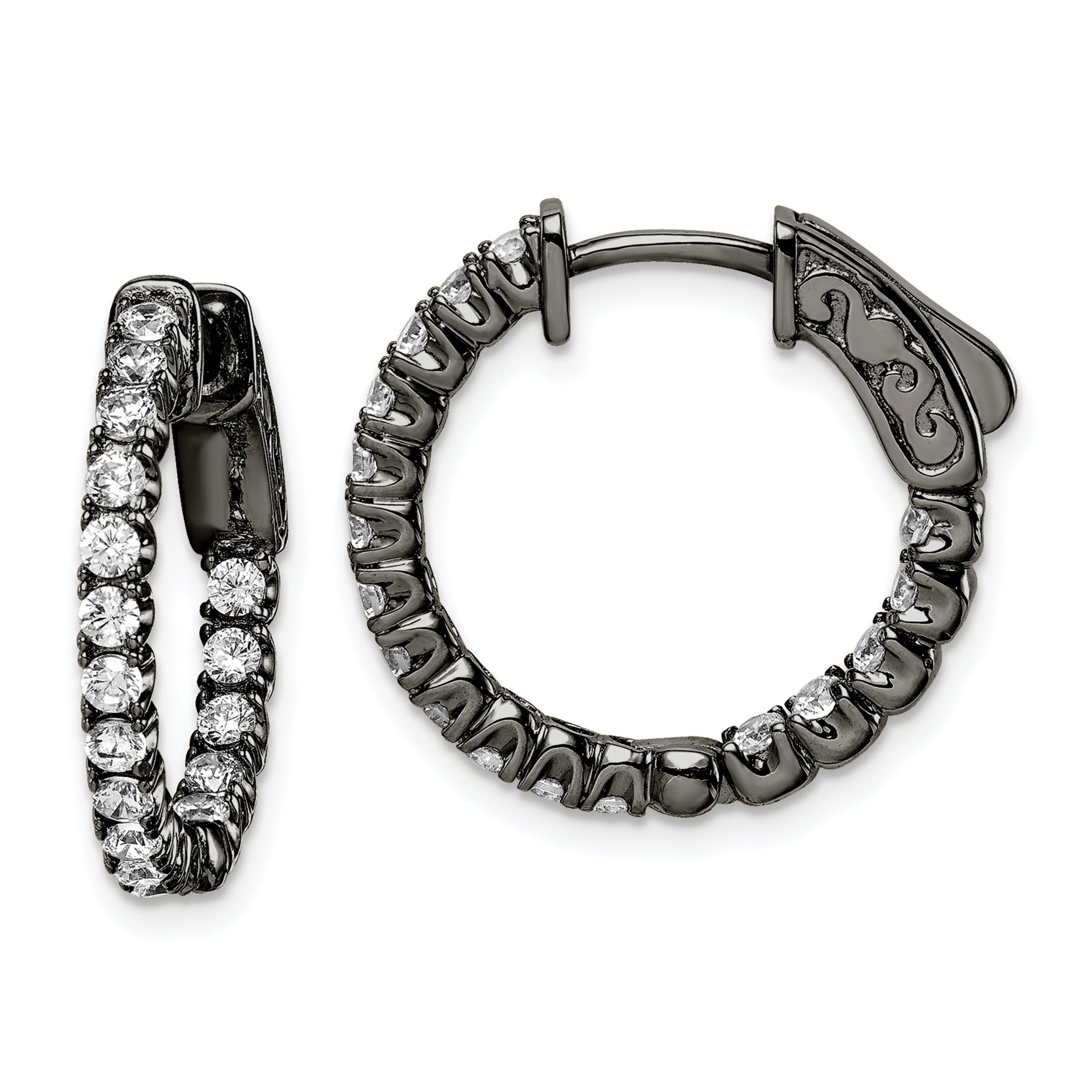 Sterling Shimmer Black Rhodium-plated 34 Stone 2.0mm CZ In and Out Round Hinged Hoop Earrings Main image