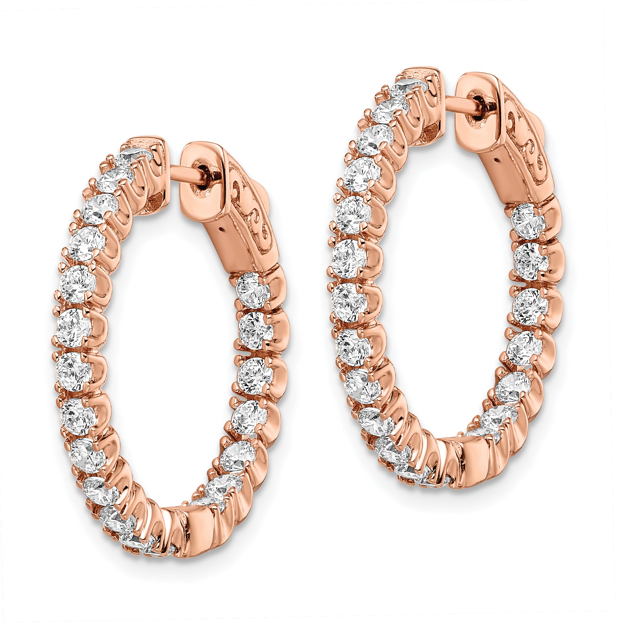 Sterling Shimmer Sterling Silver Rose-tone Rose Gold-plated 40 Stone 2.25mm CZ In and Out Round Hinged Hoop Earrings Secondary image