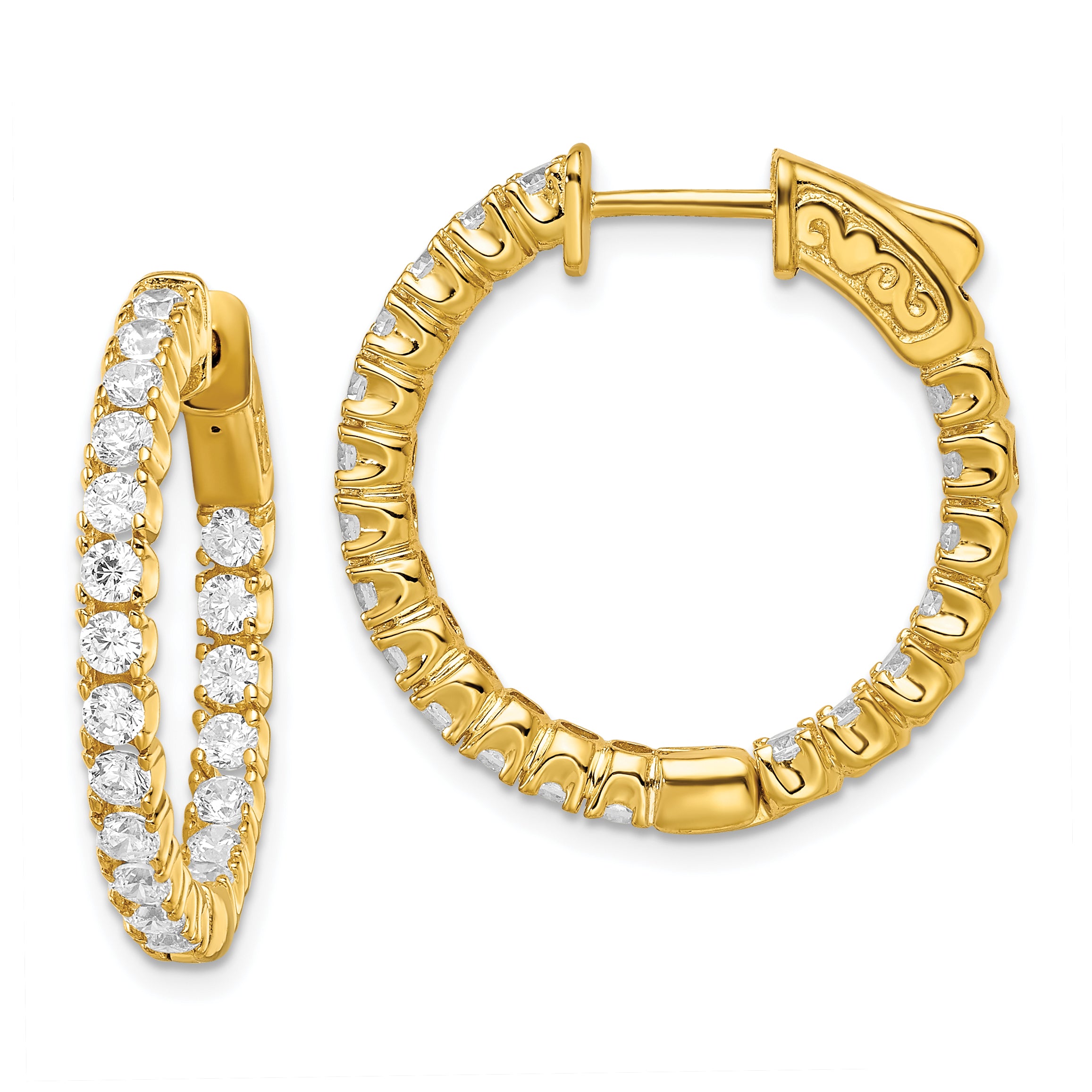 Sterling Shimmer Sterling Silver Gold-tone Flash Gold-plated 40 Stone 2.25mm CZ In and Out Round Hinged Hoop Earrings Main image