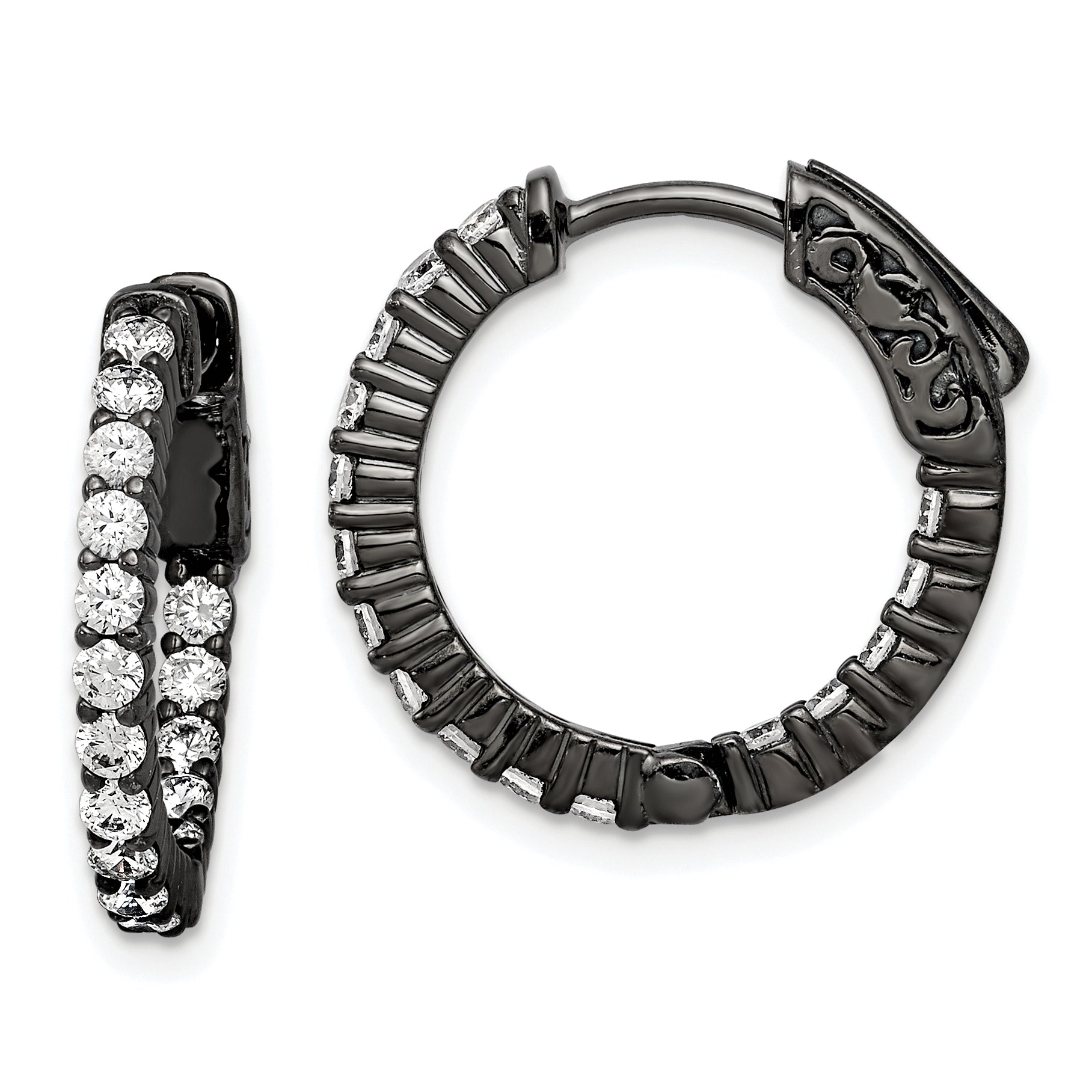 Sterling Shimmer Black Rhodium-plated 32 Stone 2.0mm CZ In and Out Round Hinged Hoop Earrings Main image