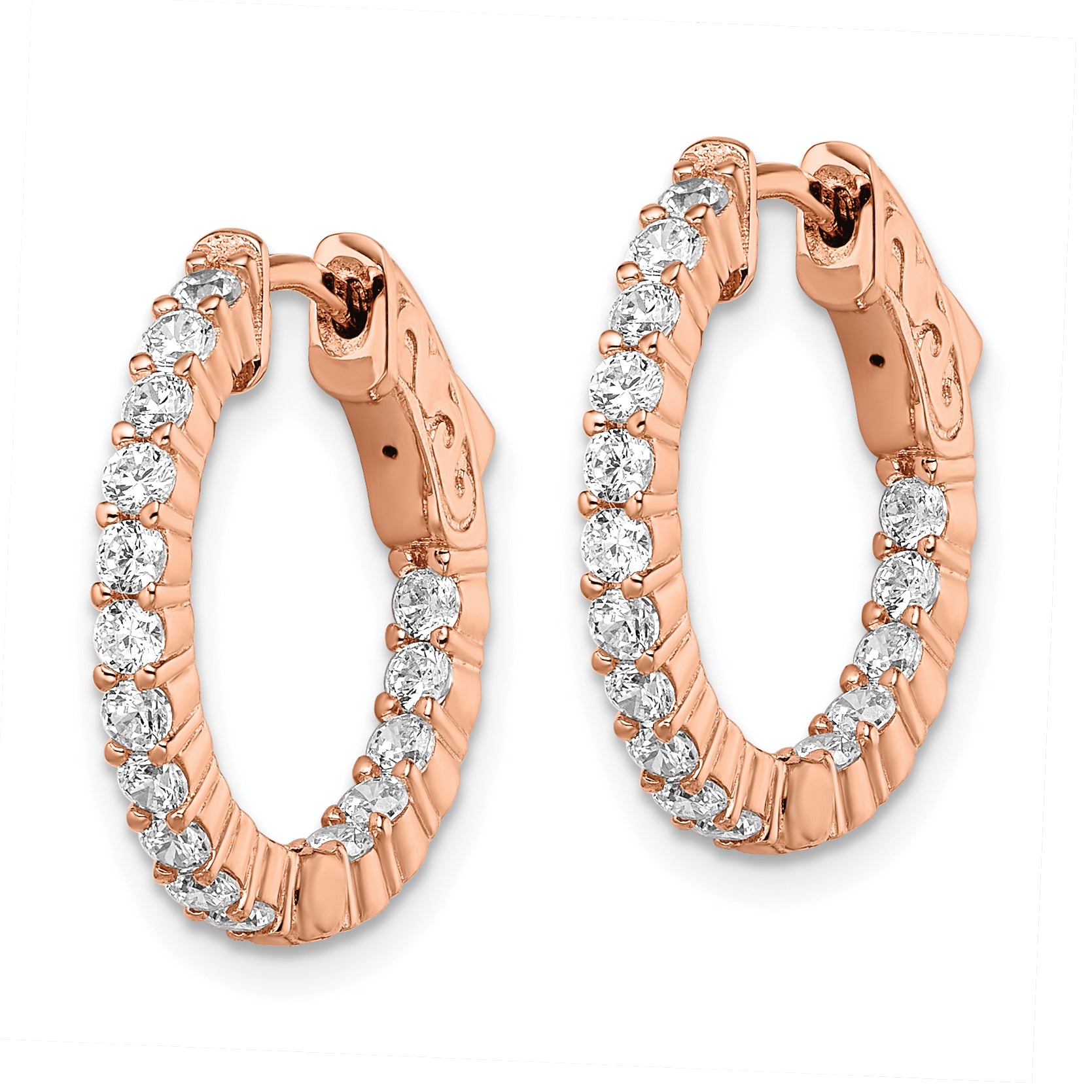 Sterling Shimmer Sterling Silver Rose-tone Rose Gold-plated 32 Stone 2.0mm CZ In and Out Round Hinged Hoop Earrings Secondary image