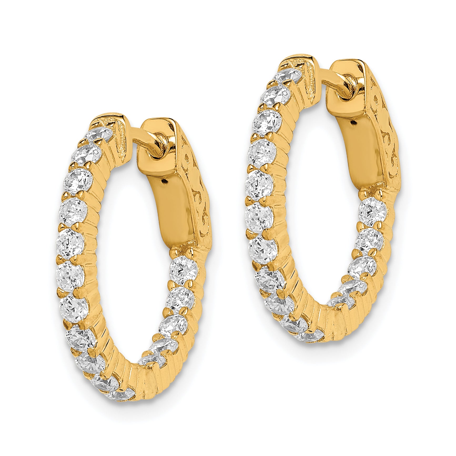 Sterling Shimmer Sterling Silver Gold-tone Flash Gold-plated 32 Stone 2.0mm CZ In and Out Round Hinged Hoop Earrings Secondary image