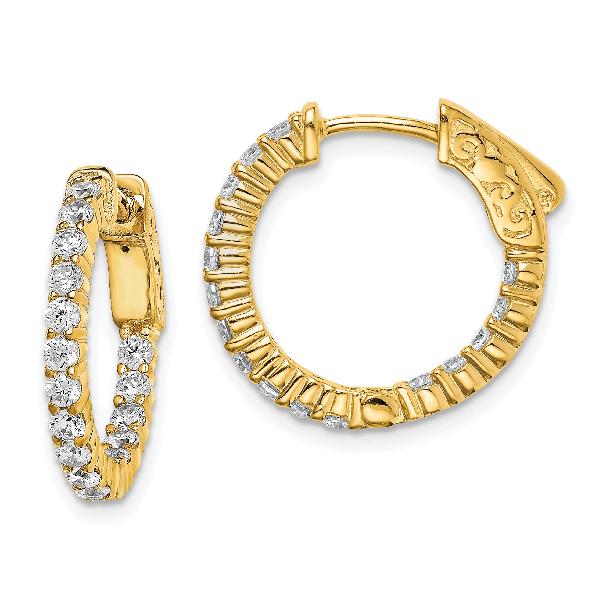 Sterling Shimmer Sterling Silver Gold-tone Flash Gold-plated 32 Stone 2.0mm CZ In and Out Round Hinged Hoop Earrings Main image