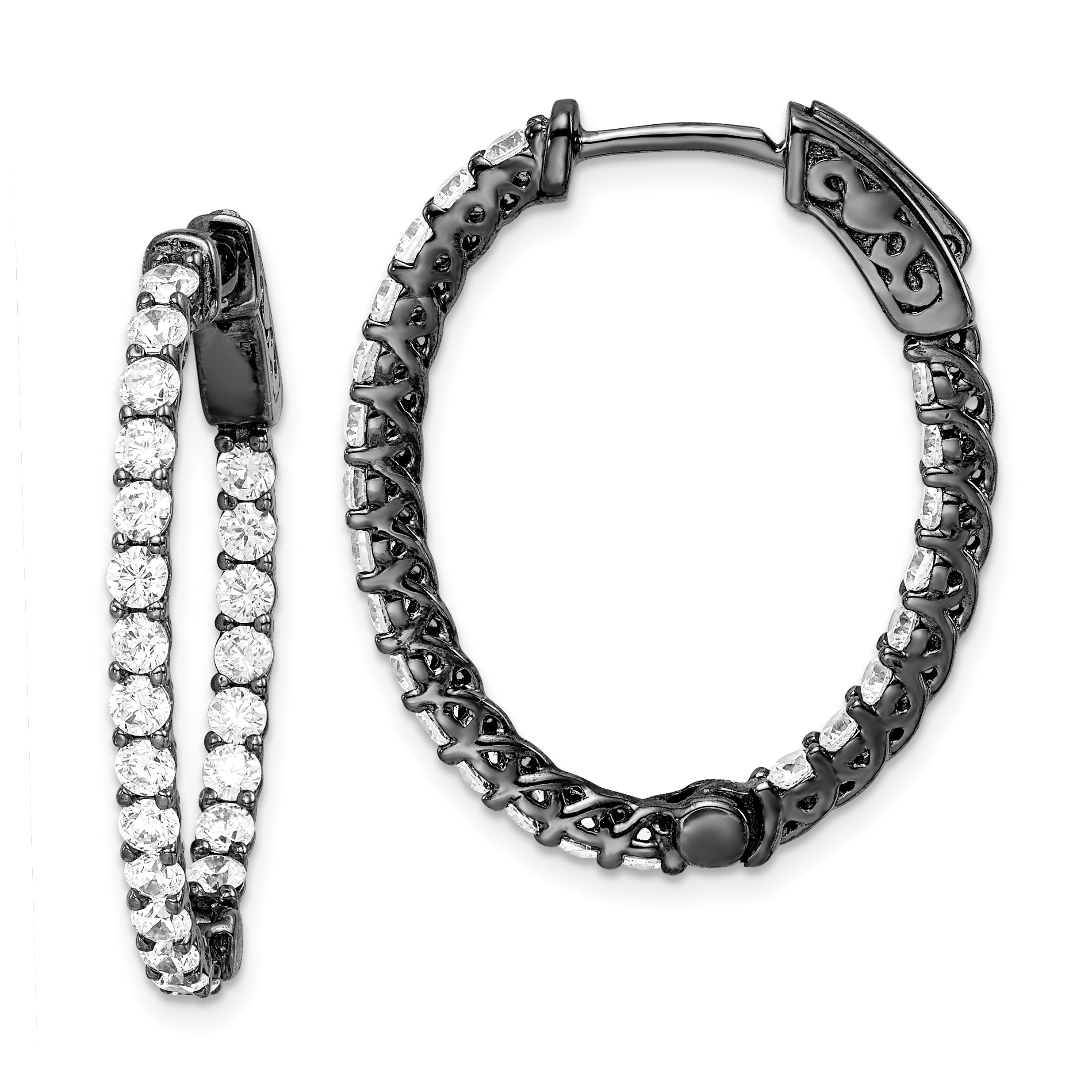 Sterling Shimmer Black Rhodium-plated 46 Stone 2.25mm CZ In and Out Oval Hinged Hoop Earrings Main image