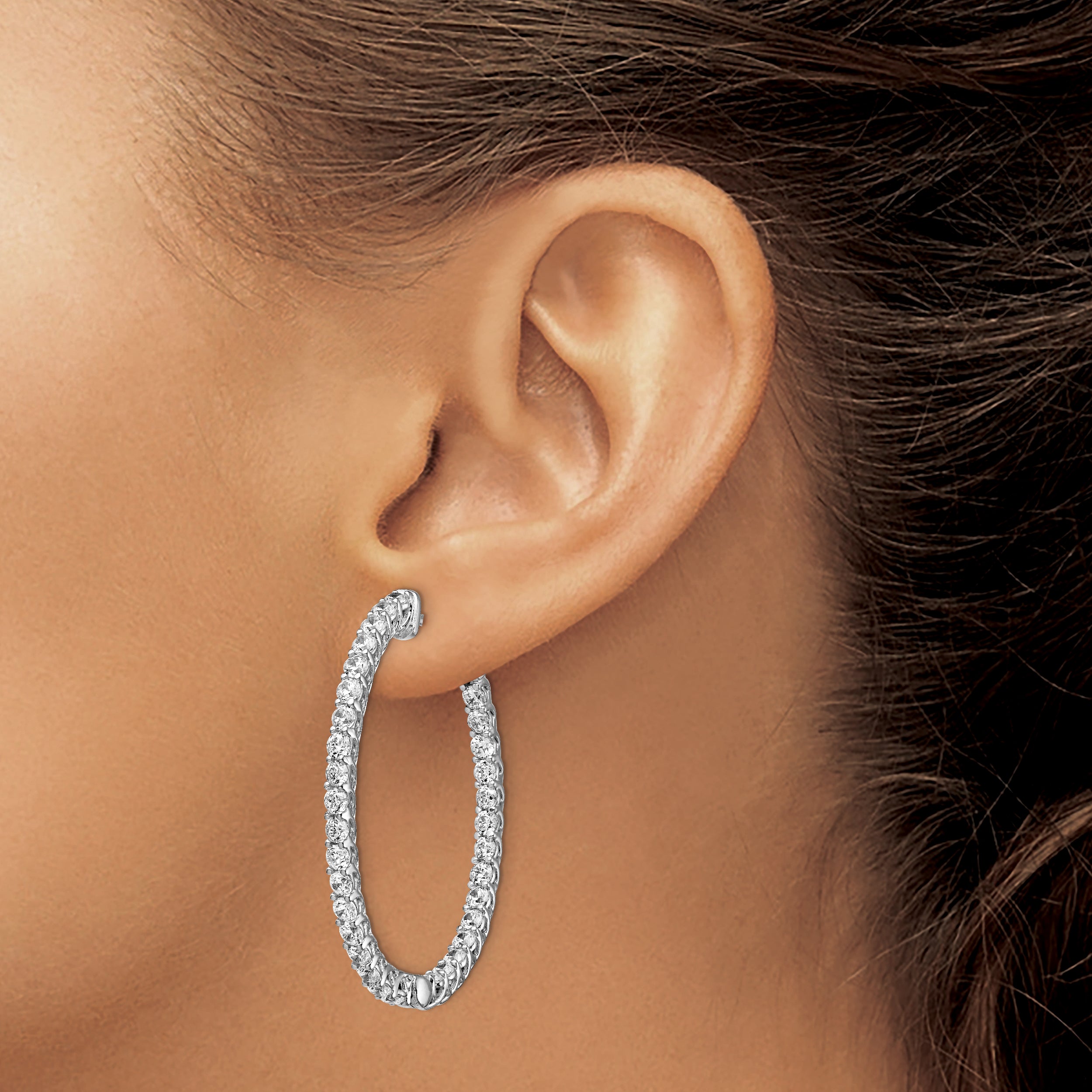 Sterling Shimmer Sterling Silver Rhodium-plated 66 Stone 2.3mm CZ In and Out Oval Hinged Hoop Earrings