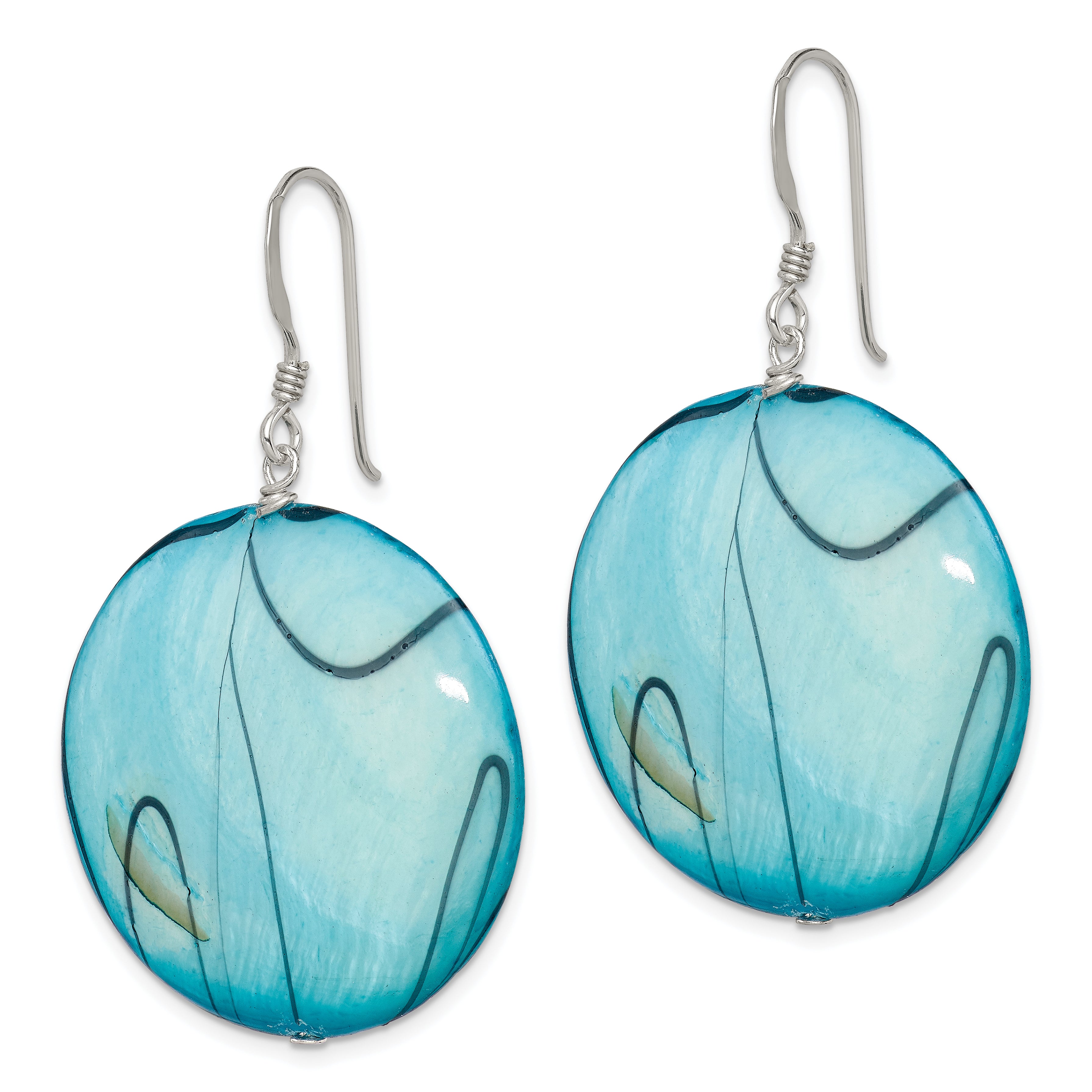 Sterling Silver Polished Blue Mother of Pearl Circle Dangle Earrings Secondary image