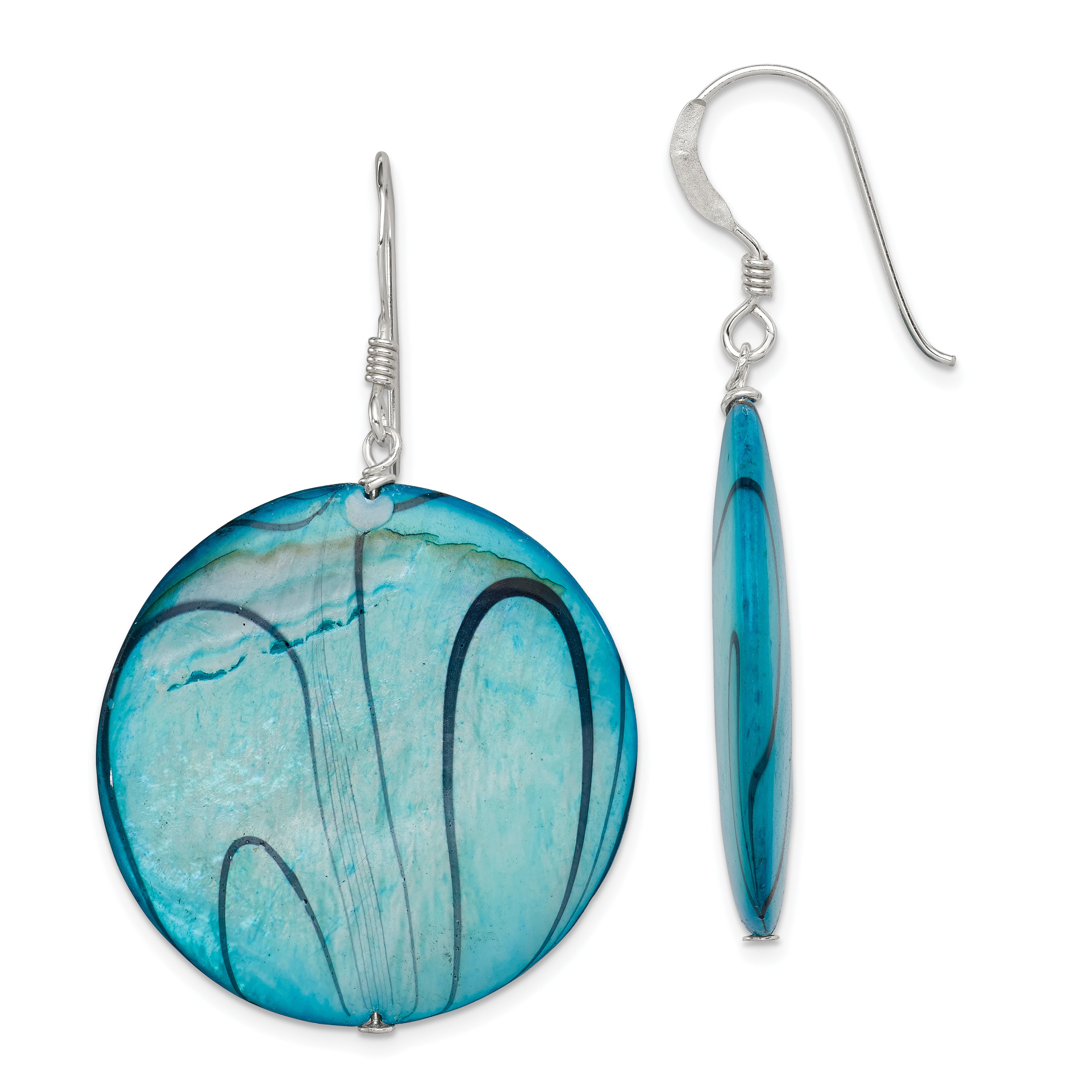 Sterling Silver Polished Blue Mother of Pearl Circle Dangle Earrings Main image