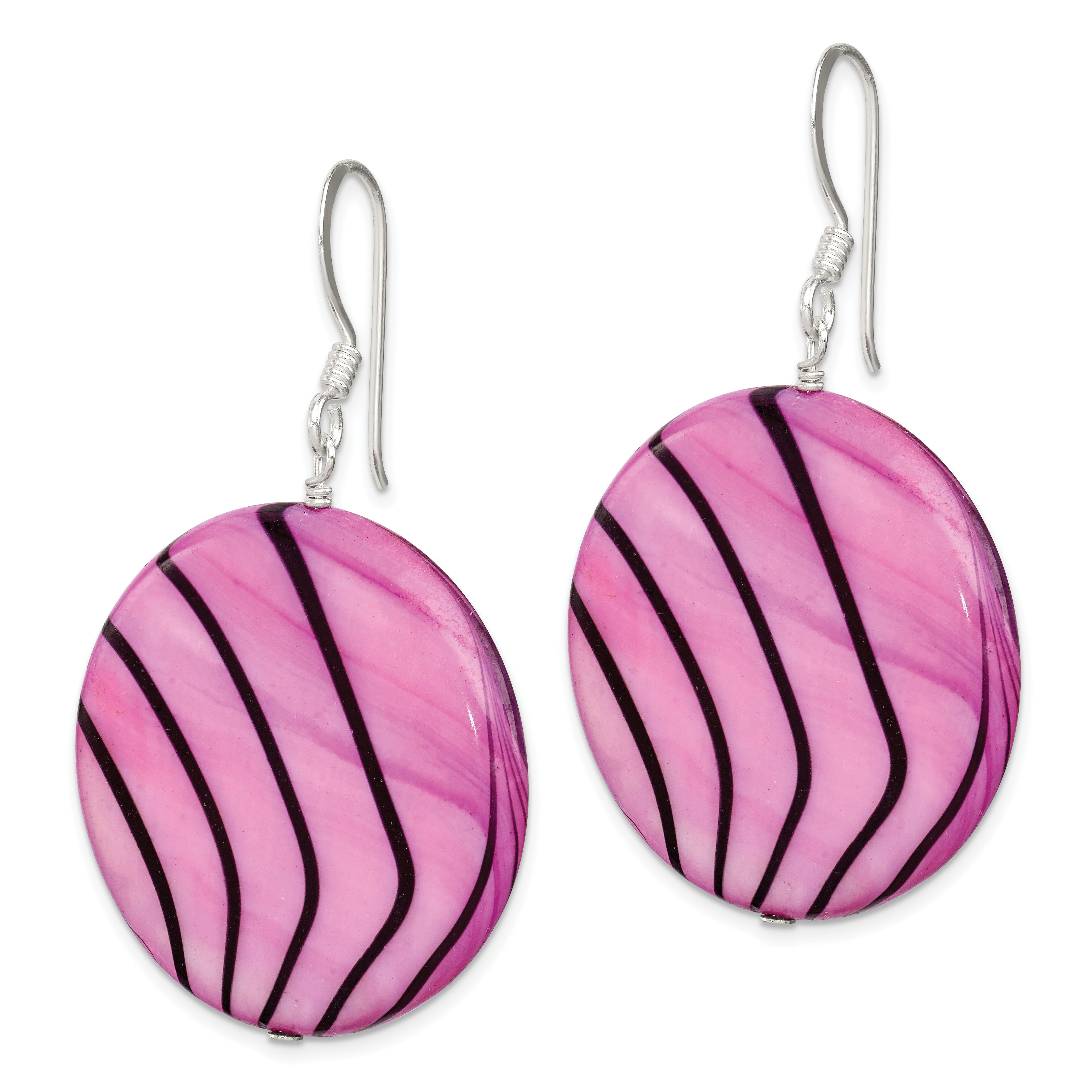 Sterling Silver Polished Pink & Black Mother of Pearl Disc Dangle Earrings