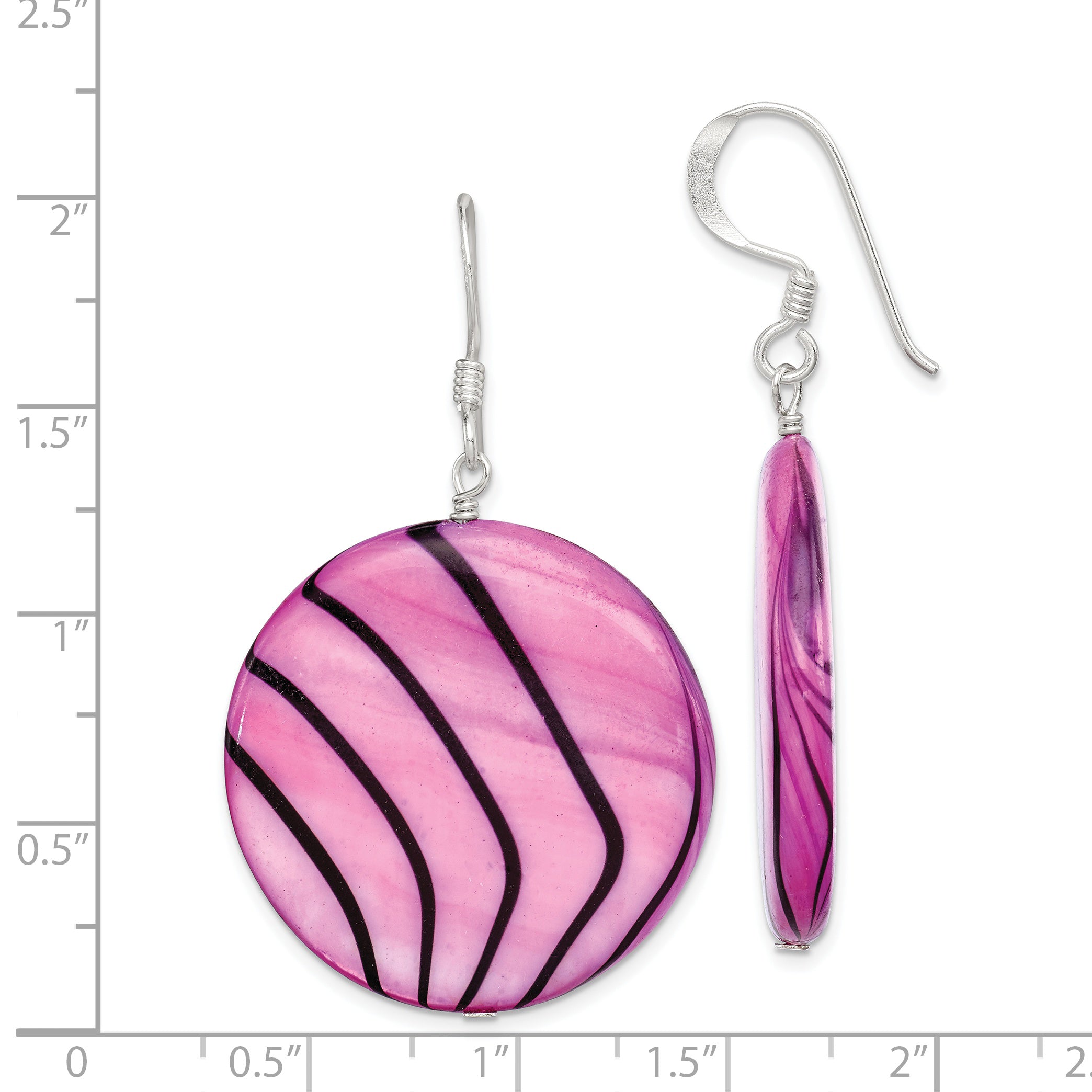 Sterling Silver Polished Pink & Black Mother of Pearl Disc Dangle Earrings