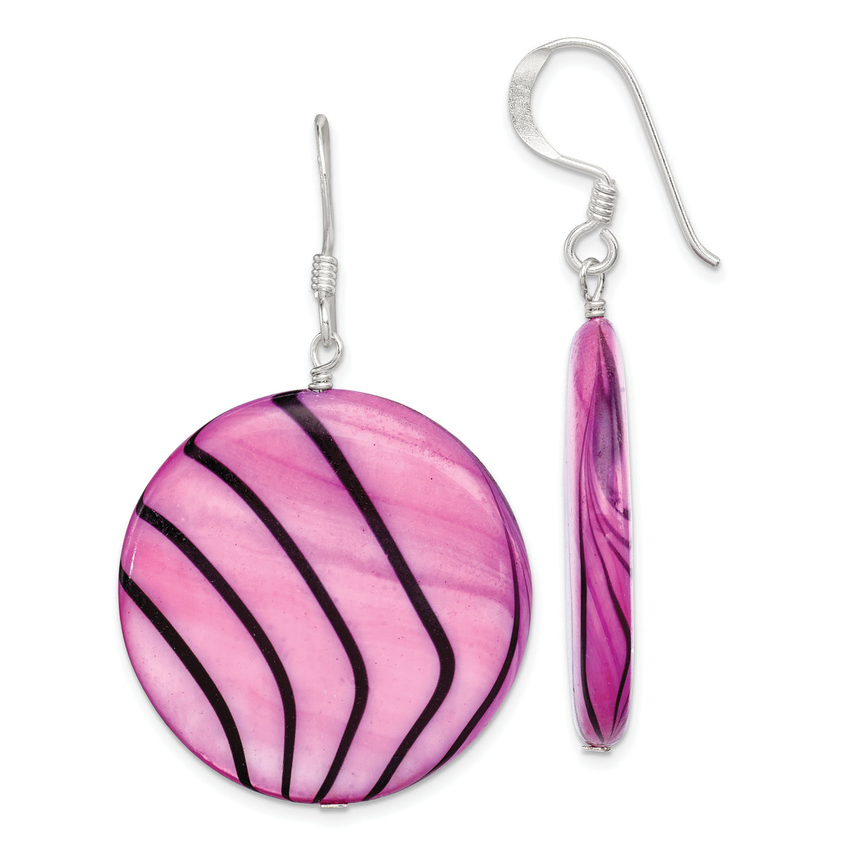 Sterling Silver Polished Pink & Black Mother of Pearl Disc Dangle Earrings