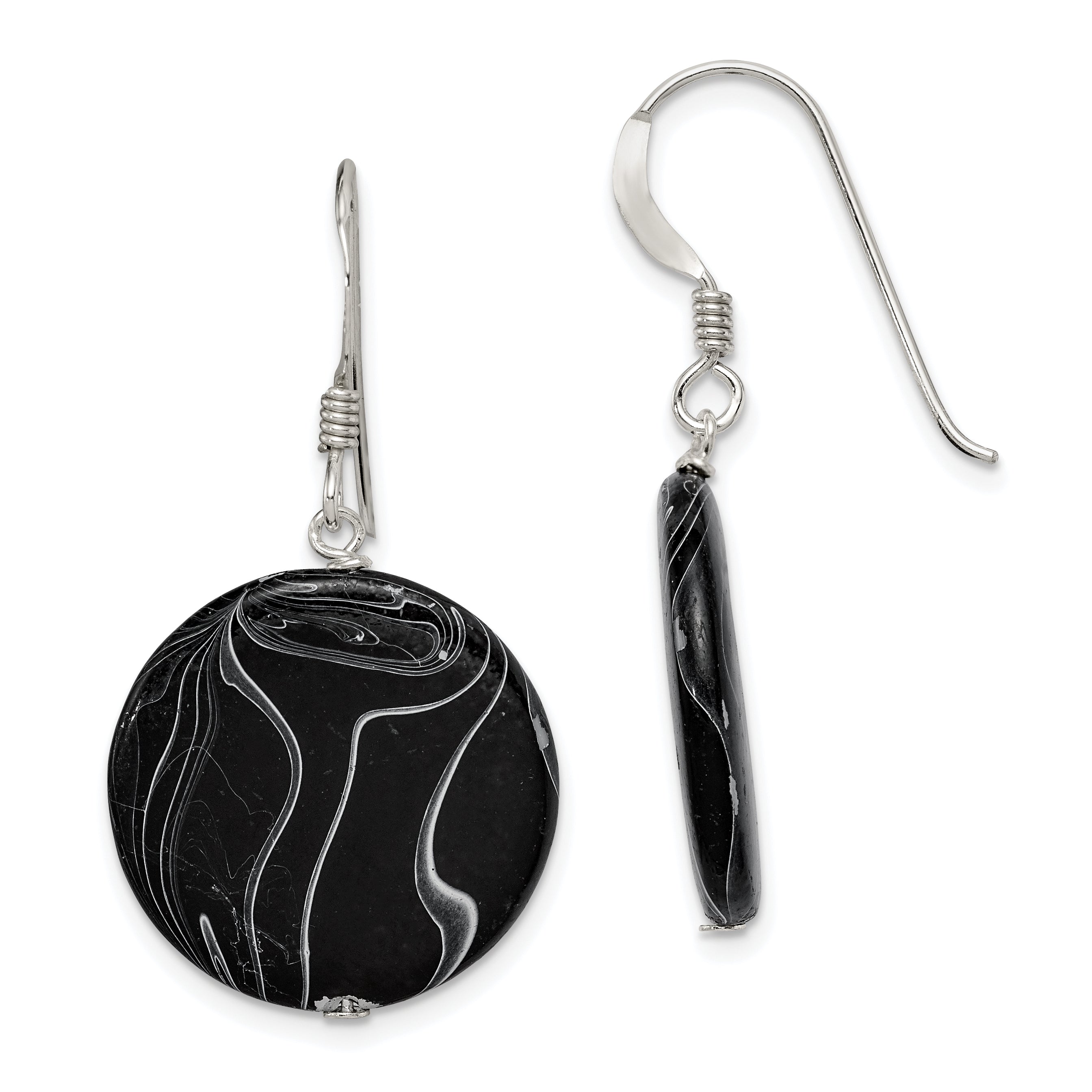 Sterling Silver Polished Black Agate Disc Dangle Earrings Main image