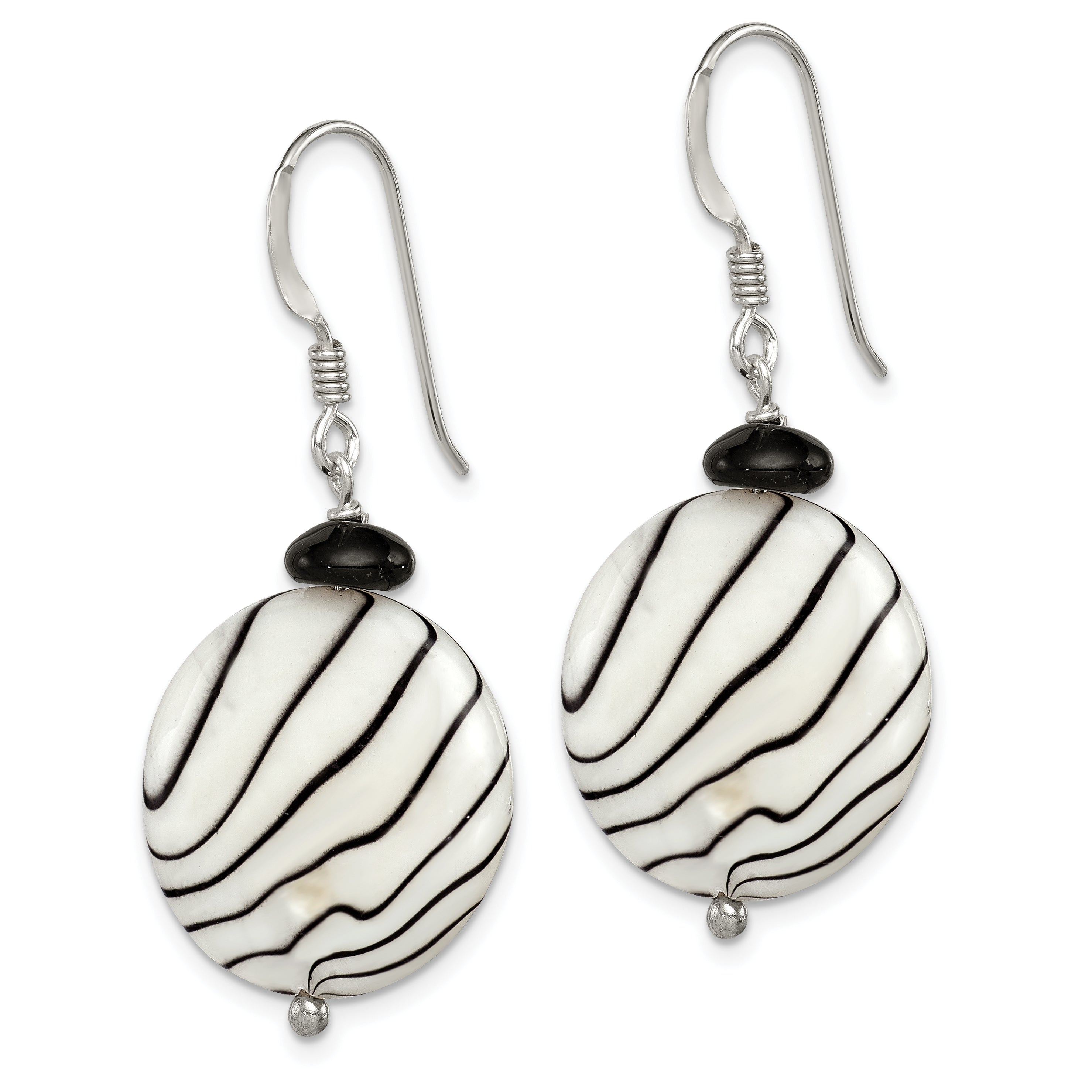 Sterling Silver Polished Black Agate/Zebra Mother of Pearl Dangle Earrings Secondary image
