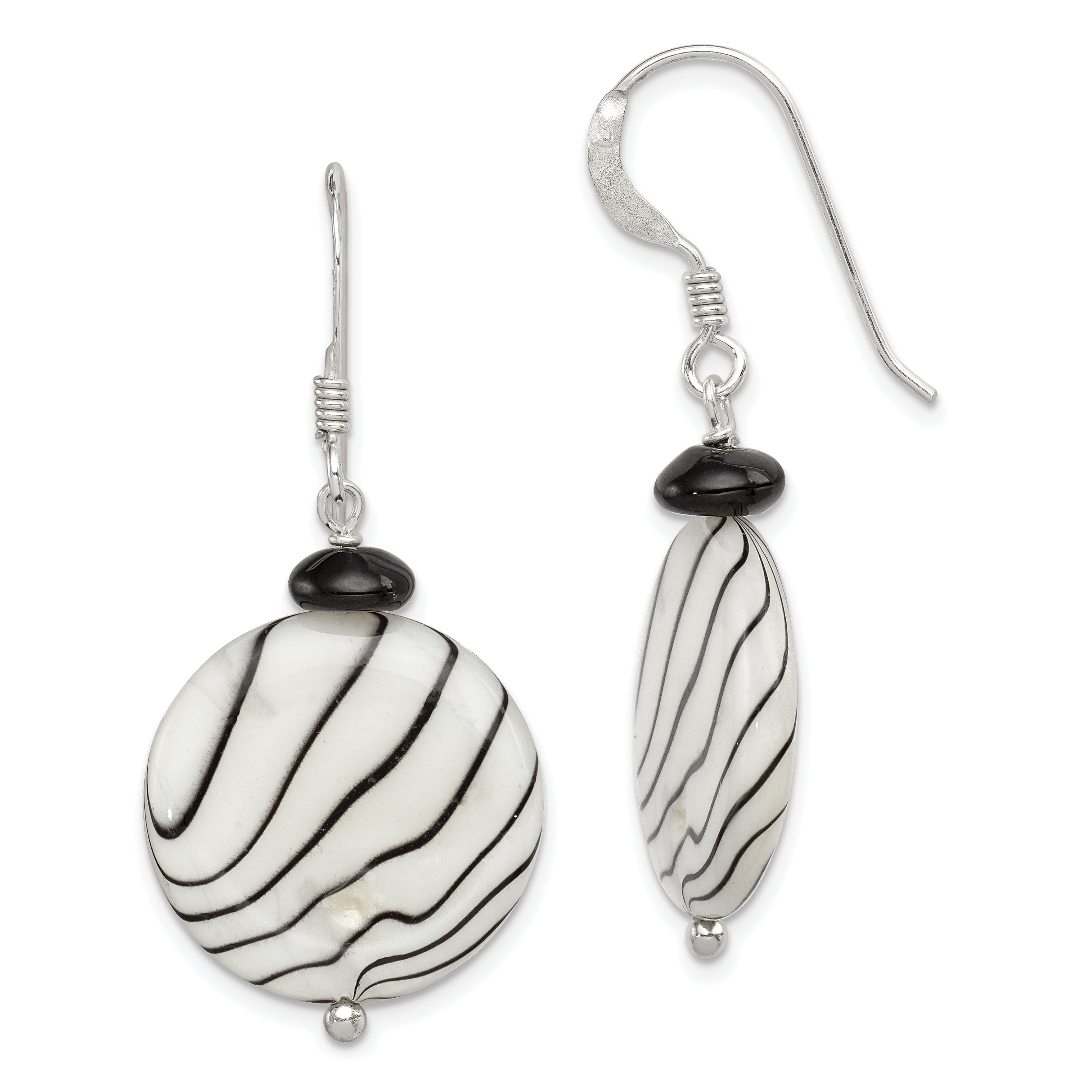 Sterling Silver Polished Black Agate/Zebra Mother of Pearl Dangle Earrings Main image