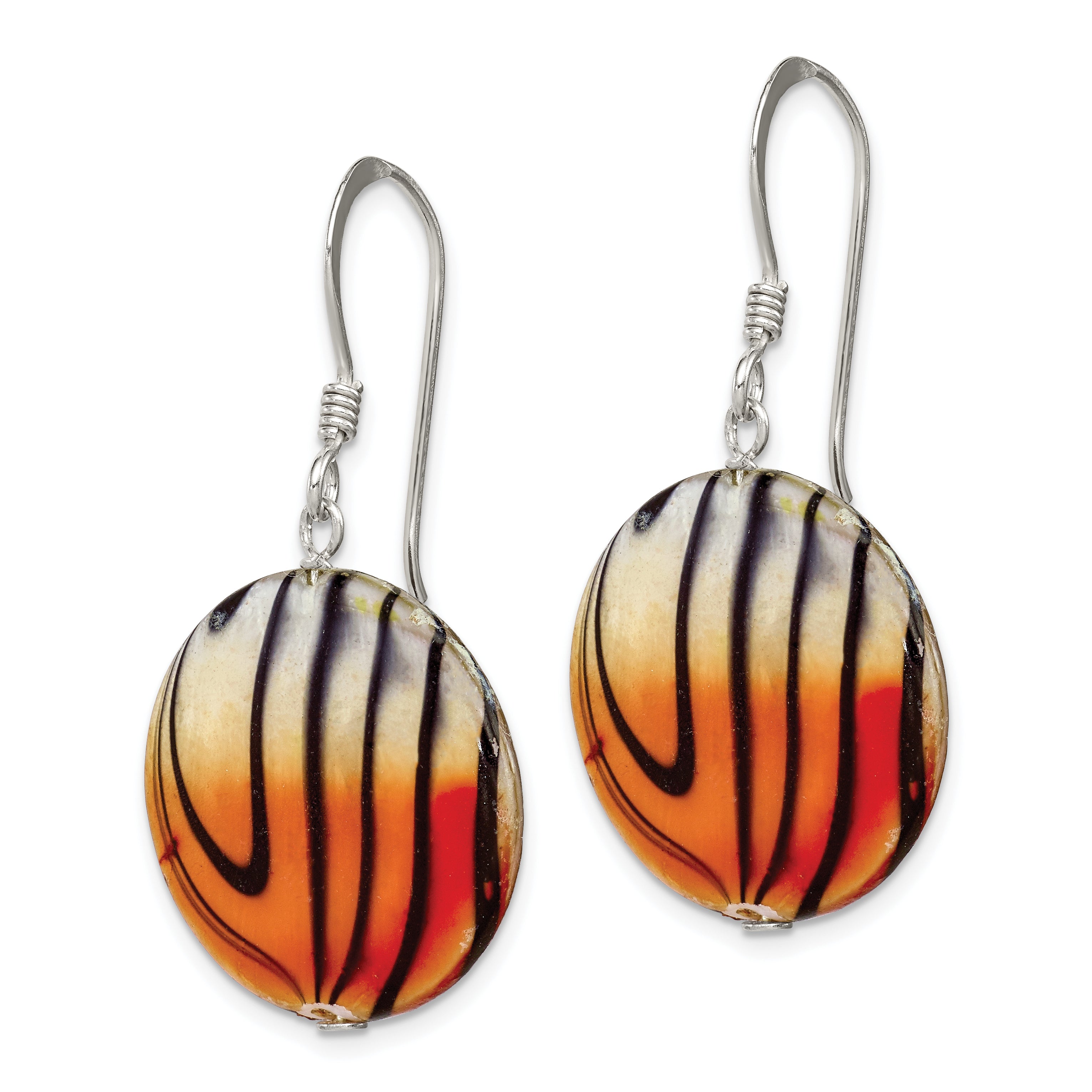Sterling Silver Polished Orange/Black Mother of Pearl Disc Dangle Earrings Secondary image