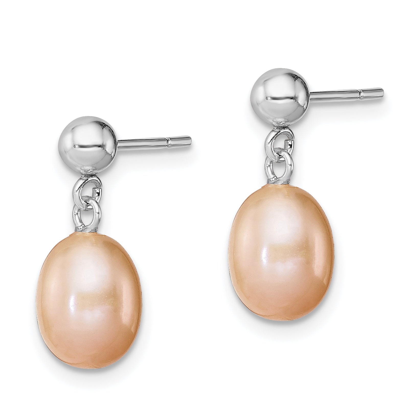 Sterling Silver Rhodium-plated Polished Pink 7-8mm Freshwater Cultured Pearl Post Dangle Earrings Secondary image