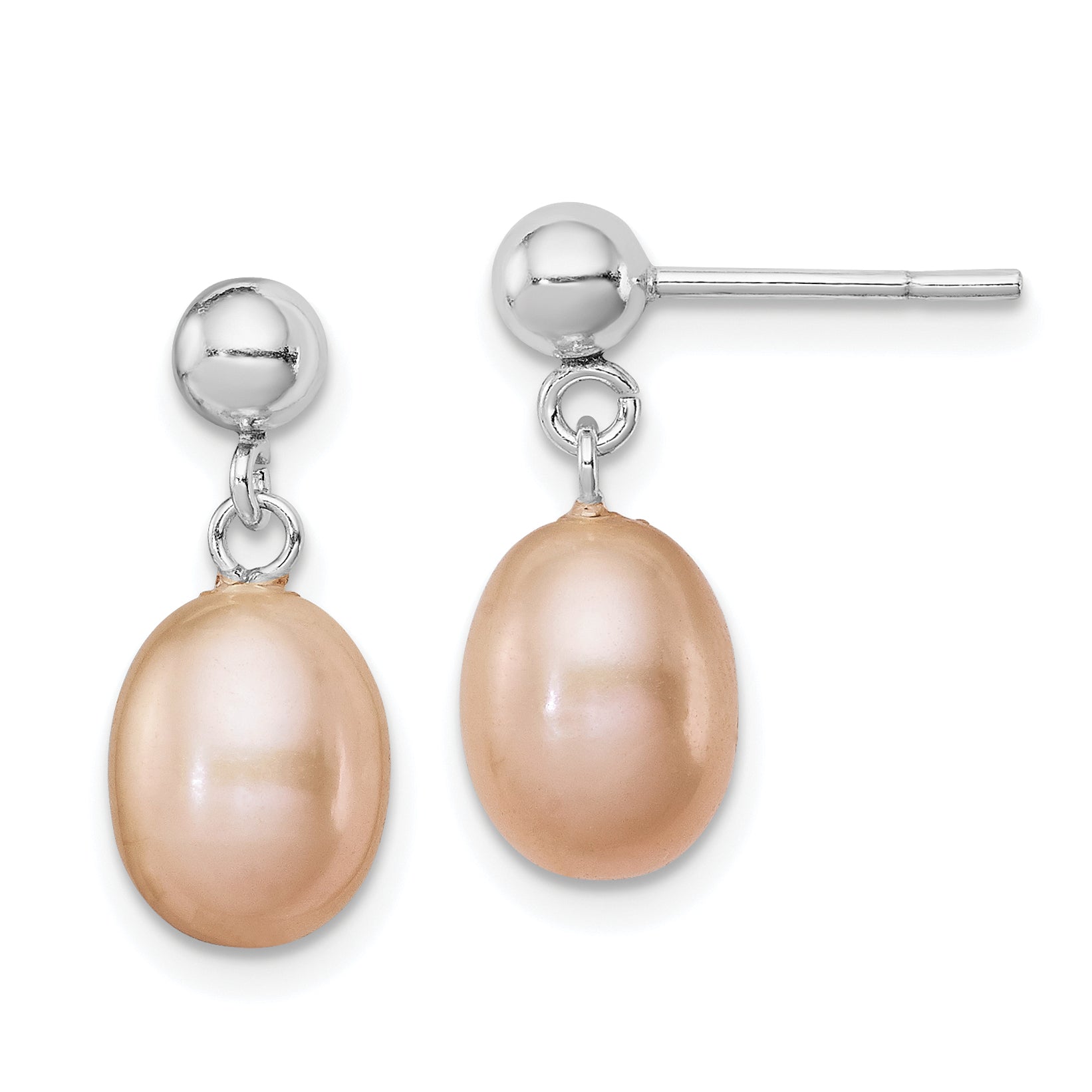 Sterling Silver Rhodium-plated Polished Pink 7-8mm Freshwater Cultured Pearl Post Dangle Earrings Main image