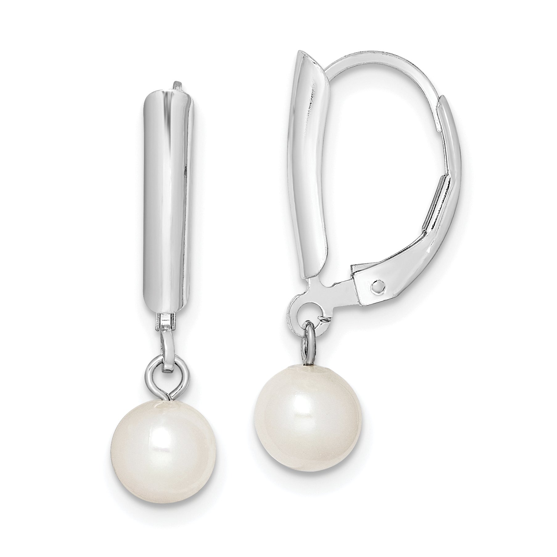 Sterling Silver Rhodium-plated Polished White 6-7mm Freshwater Cultured Pearl Leverback Dangle Earrings Main image