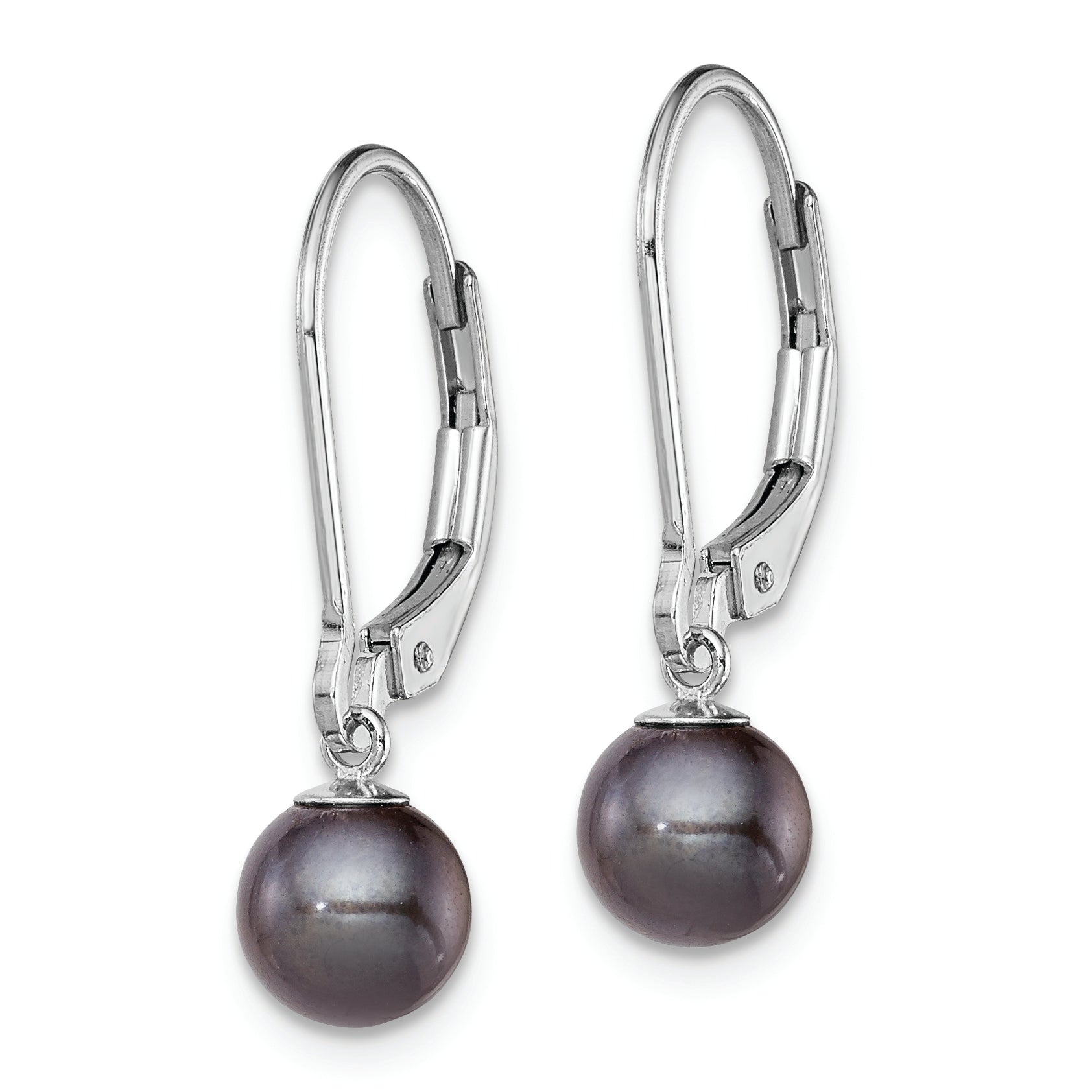 Sterling Silver Rhodium-plated Polished 6-7mm Black Freshwater Cultured Pearl Leverback Dangle Earrings Secondary image