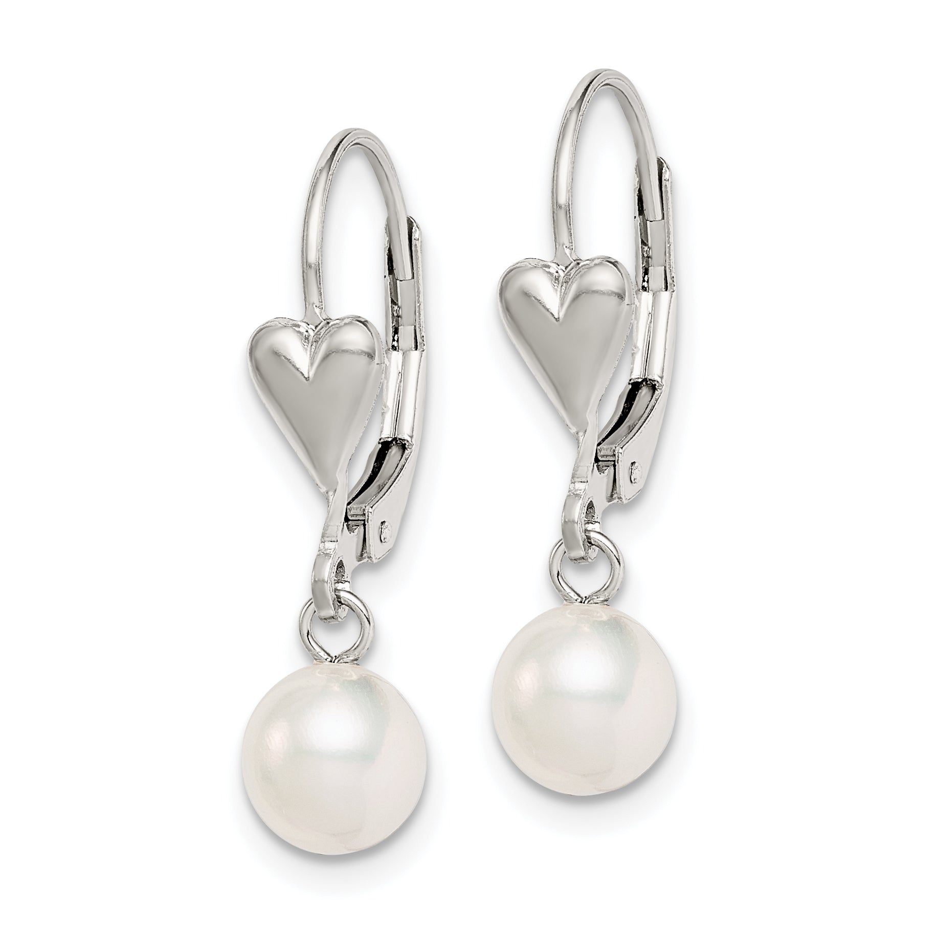 Sterling Silver Rhodium-plated Polished White 6-7mm Freshwater Cultured Pearl Heart Leverback Dangle Earrings Secondary image