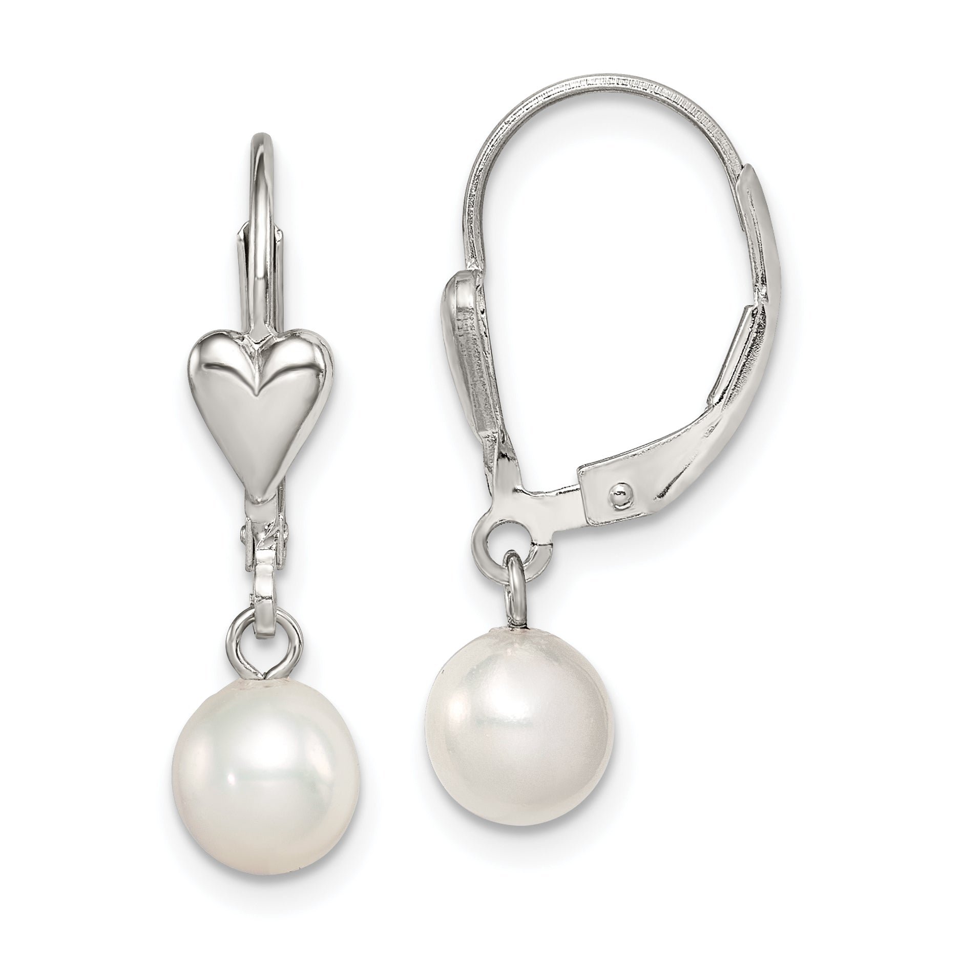 Sterling Silver Rhodium-plated Polished White 6-7mm Freshwater Cultured Pearl Heart Leverback Dangle Earrings Main image