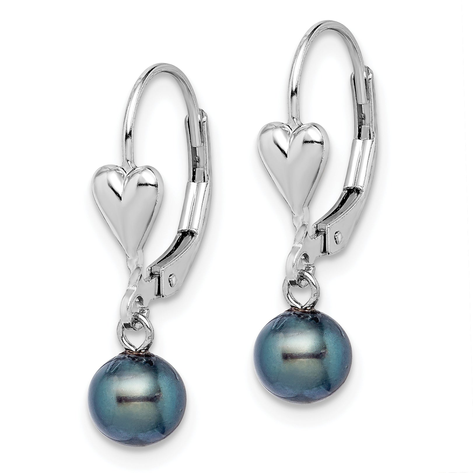Sterling Silver Rhodium-plated Polished 6-7mm Black Freshwater Cultured Pearl Heart Leverback Dangle Earrings Secondary image
