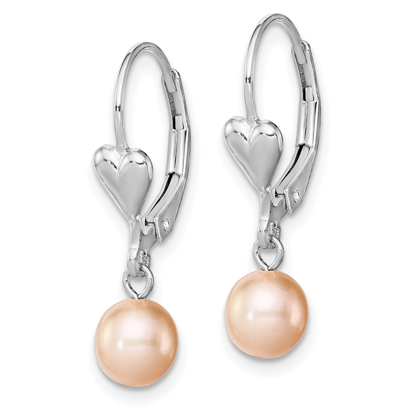 Sterling Silver Rhodium-plated Polished Pink 6-7mm Freshwater Cultured Pearl Heart Leverback Dangle Earrings Secondary image