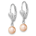 Sterling Silver Rhodium-plated Polished Pink 6-7mm Freshwater Cultured Pearl Heart Leverback Dangle Earrings