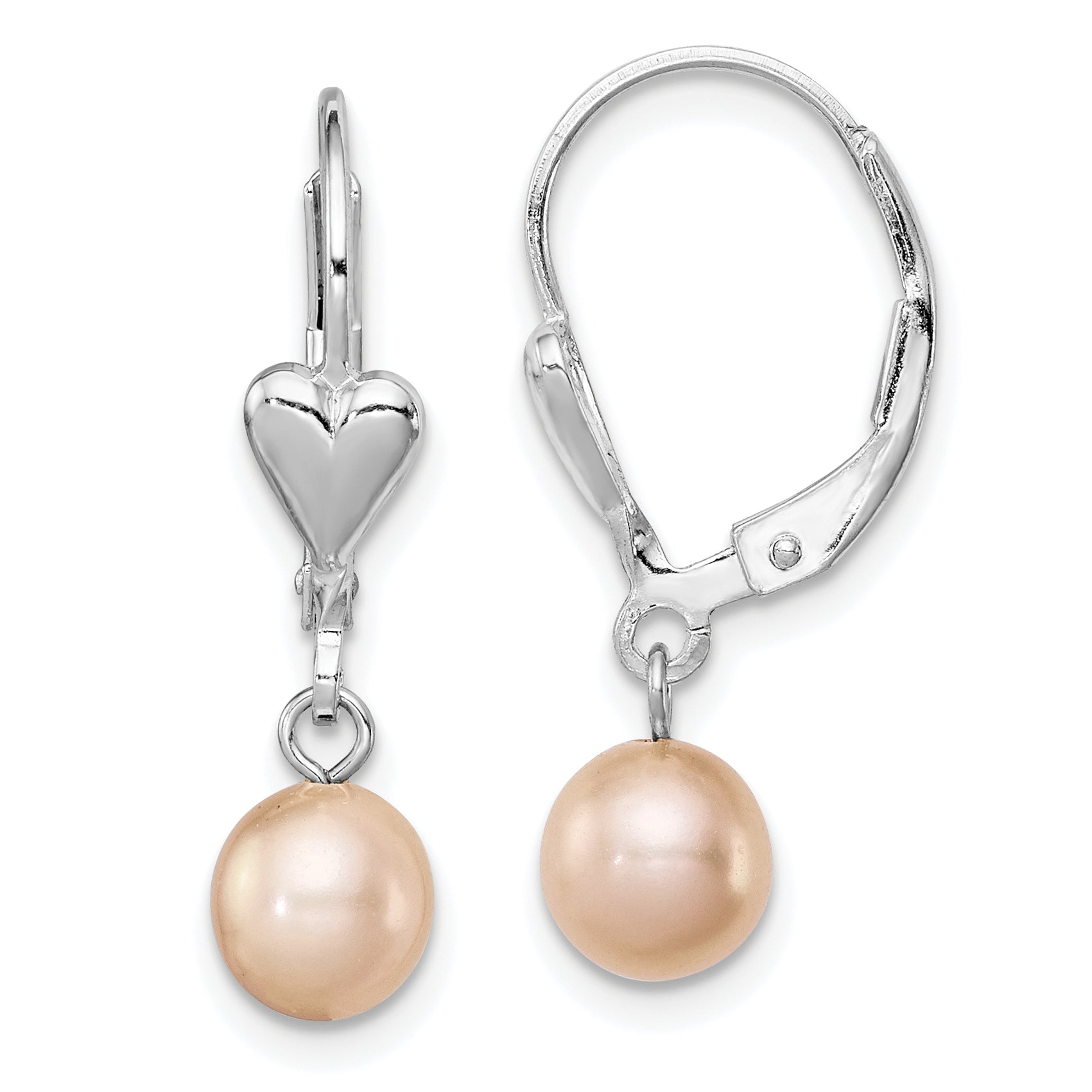 Sterling Silver Rhodium-plated Polished Pink 6-7mm Freshwater Cultured Pearl Heart Leverback Dangle Earrings Main image