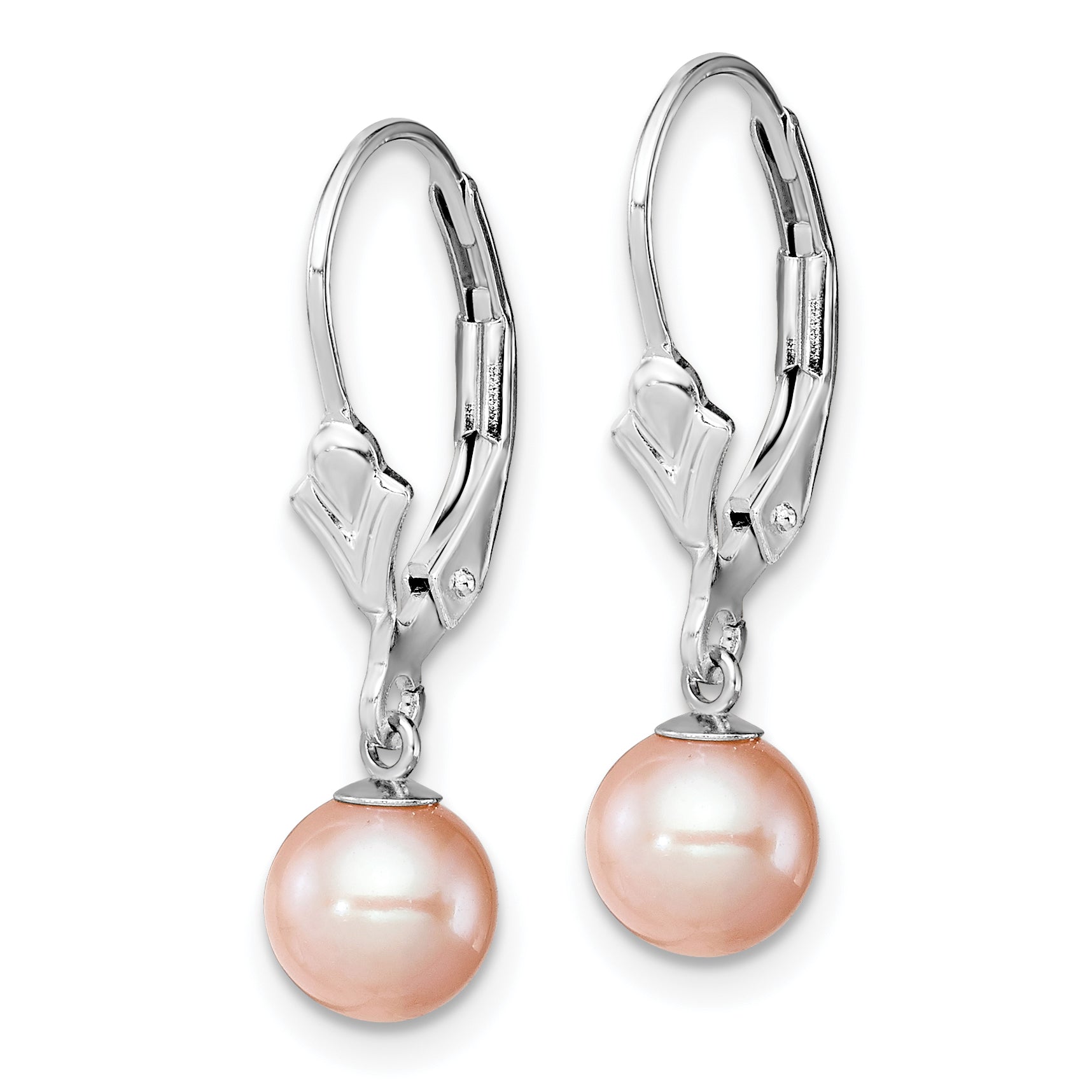 Sterling Silver Rhodium-plated Polished Pink 6-7mm Freshwater Cultured Pearl Leverback Dangle Earrings Secondary image
