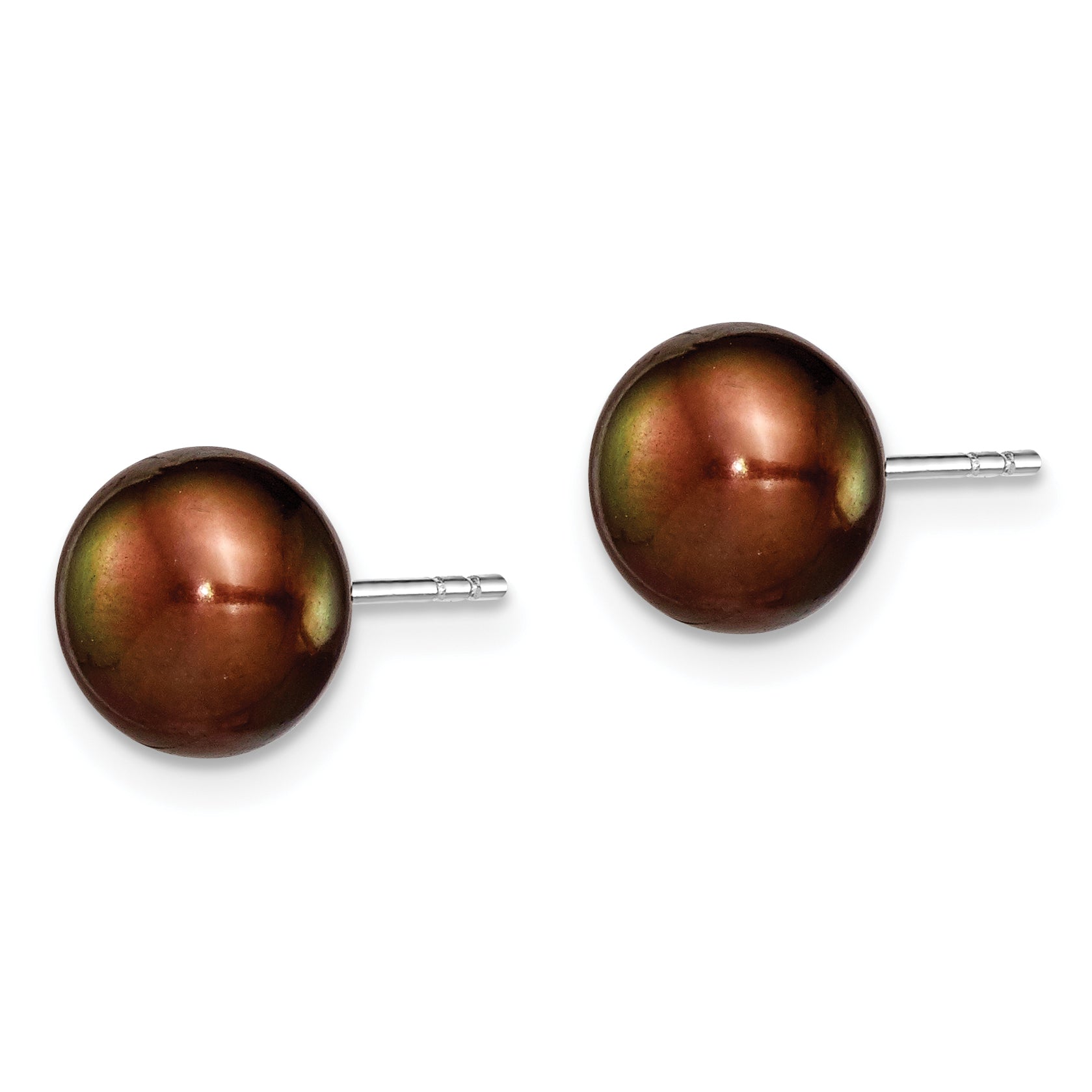 Sterling Silver Rh-plated 8-9mm Brown FW Cultured Button Pearl Stud Earring Secondary image