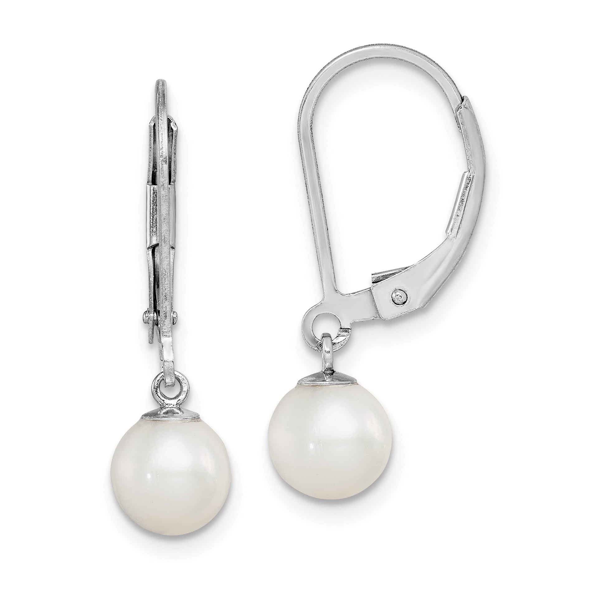 Sterling Silver Rhodium-plated Polished White 6-7mm Freshwater Cultured Pearl Leverback Dangle Earrings Main image