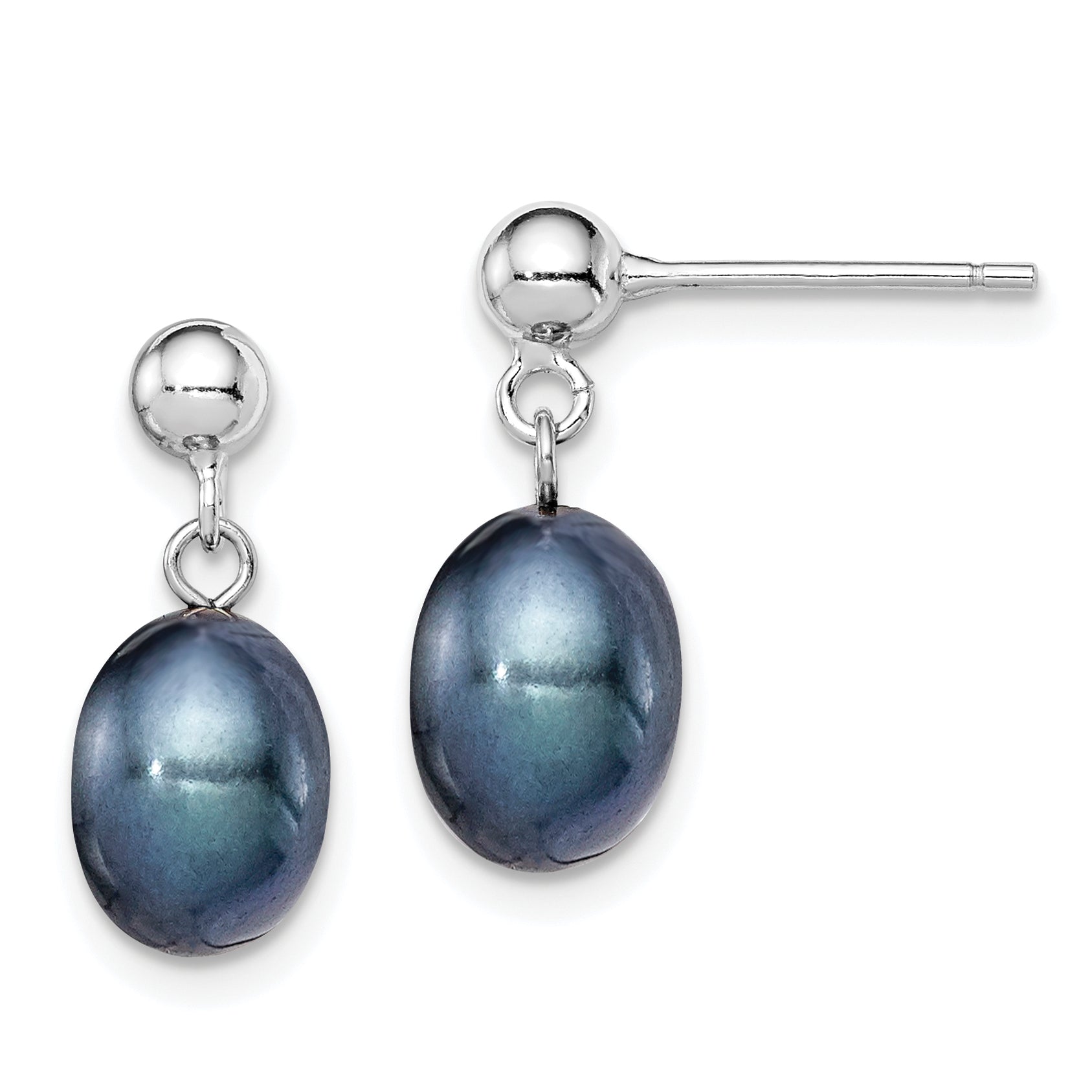 Sterling Silver Rhodium-plated Polished 7-8mm Black Freshwater Cultured Pearl Post Dangle Earrings Main image