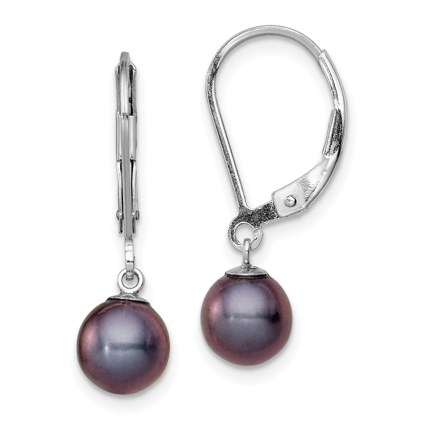 Sterling Silver Rhodium-plated Polished 6-7mm Black Freshwater Cultured Pearl Leverback Dangle Earrings Main image