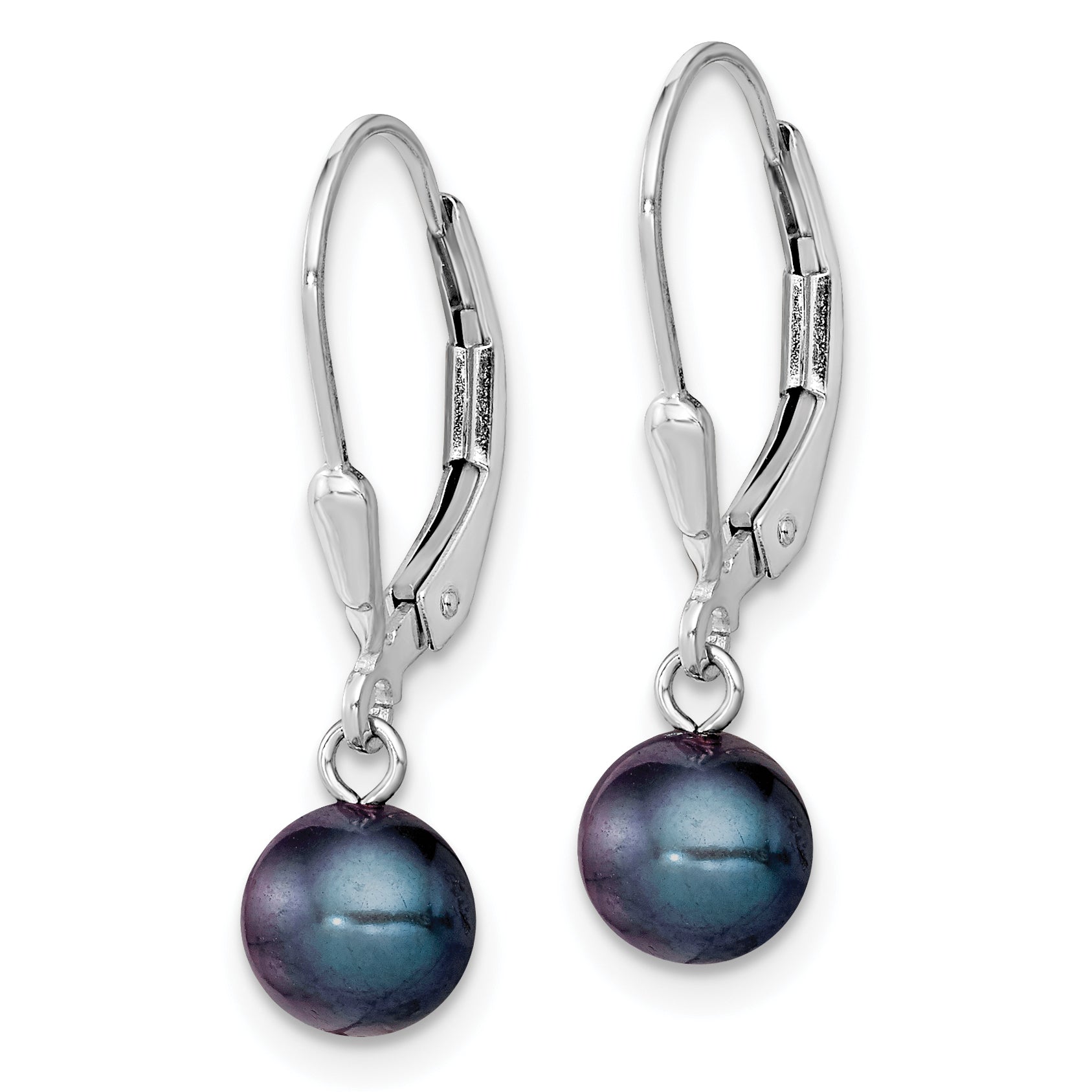 Sterling Silver Rhodium-plated Polished 6-7mm Black Freshwater Cultured Pearl Leverback Dangle Earrings Secondary image