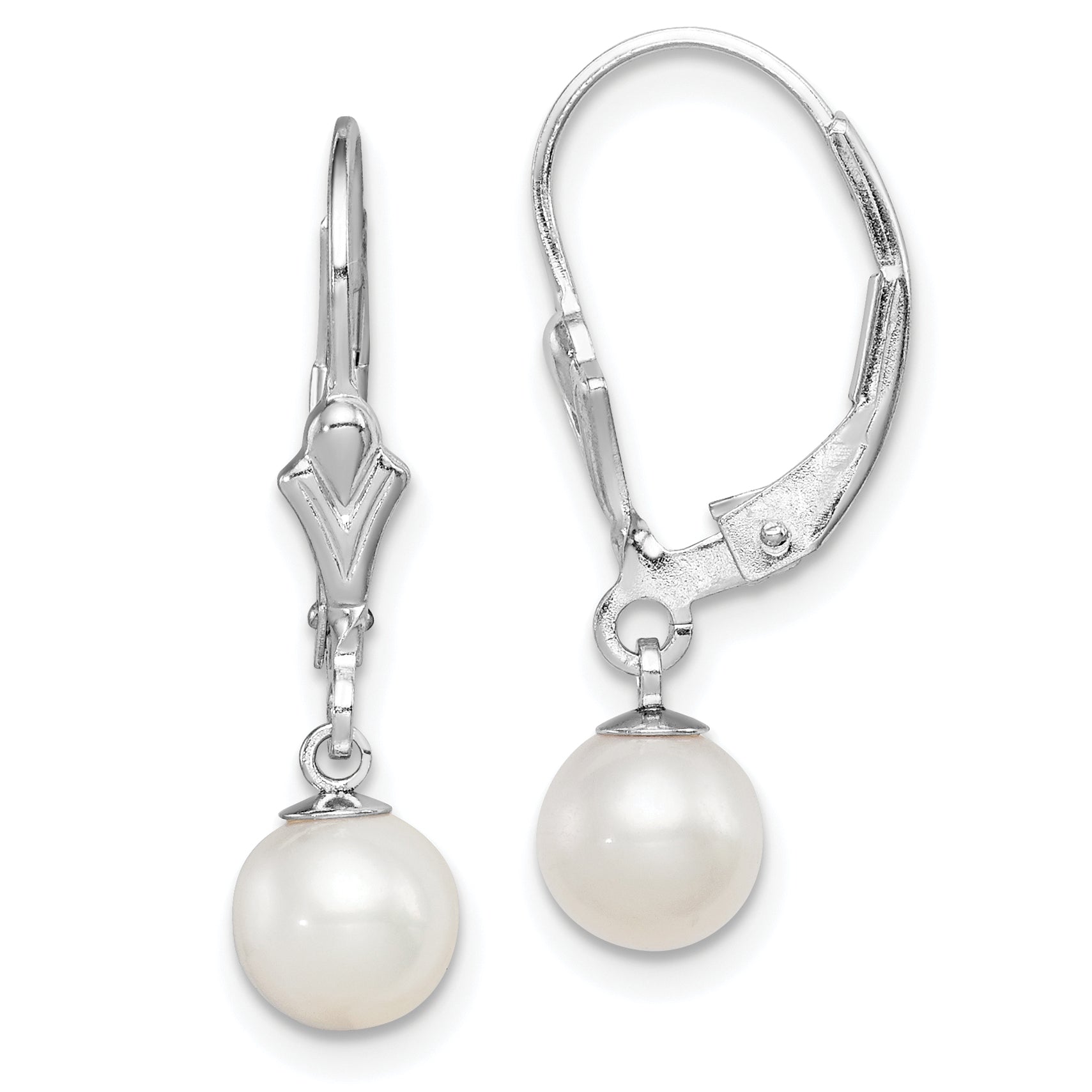 Sterling Silver Rhodium-plated Polished White 6-7mm Freshwater Cultured Pearl Leverback Dangle Earrings Main image