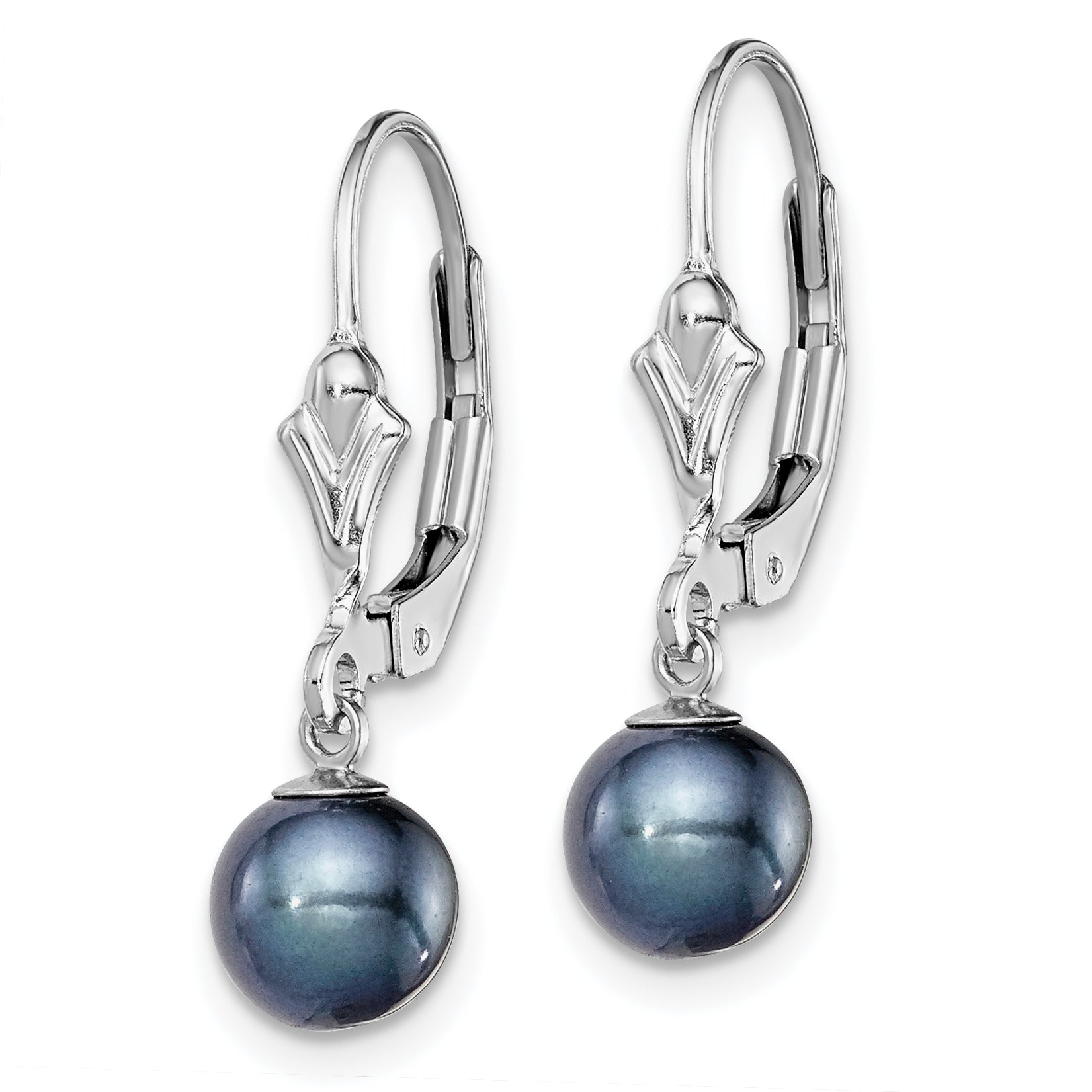 Sterling Silver Rhodium-plated Polished 6-7mm Black Freshwater Cultured Pearl Leverback Dangle Earrings Secondary image