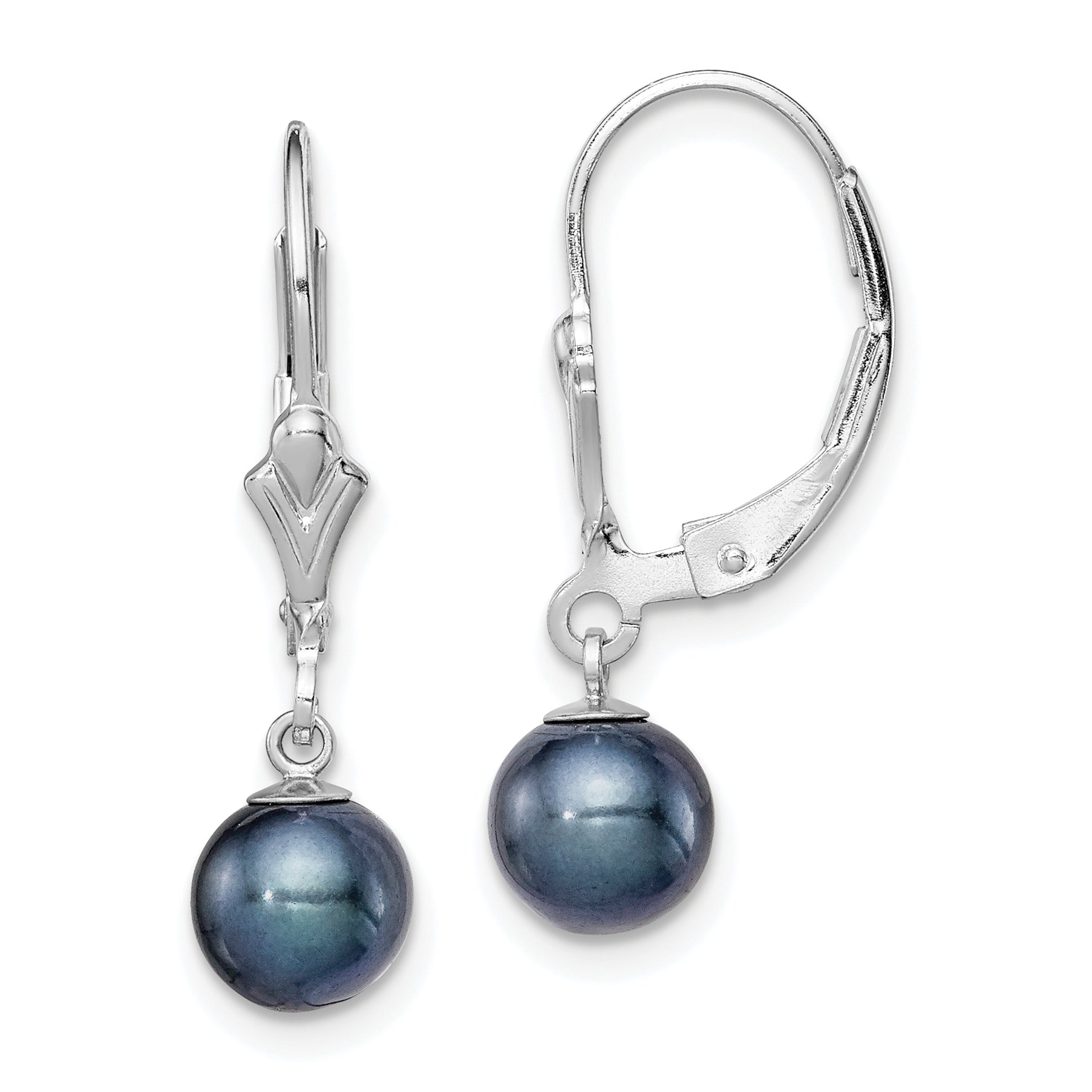 Sterling Silver Rhodium-plated Polished 6-7mm Black Freshwater Cultured Pearl Leverback Dangle Earrings Main image
