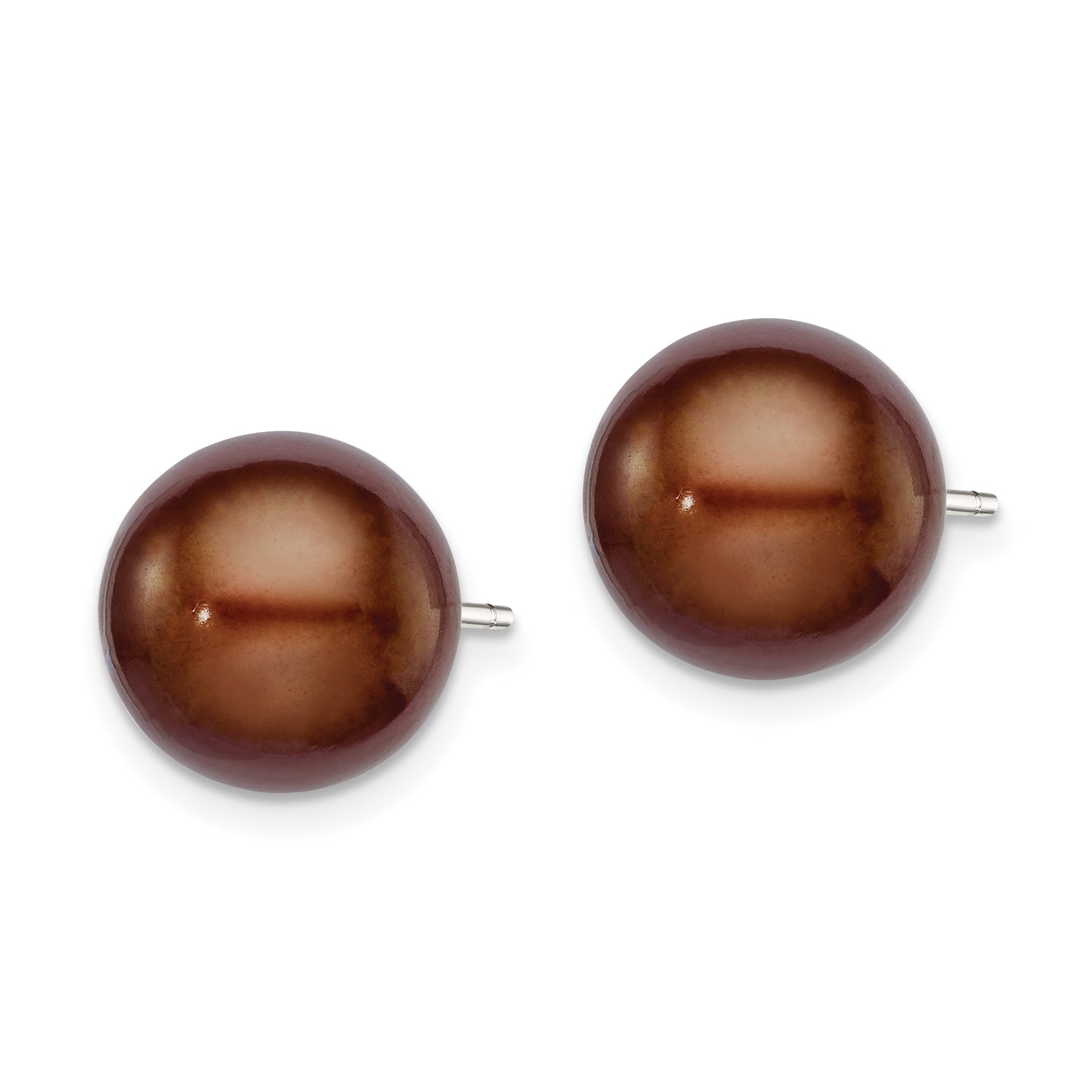 Sterling Silver Rh-plated 10-11mm Brown FWC Button Pearl Earrings Secondary image