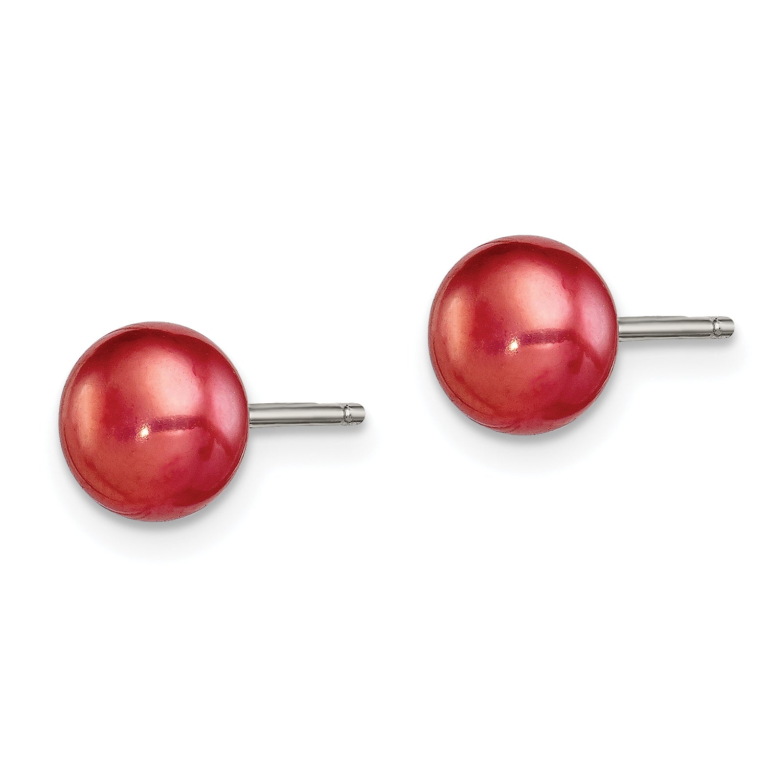 Sterling Silver Rhod-pltd Red 6-7mm Button FWC Pearl Post Earrings Secondary image
