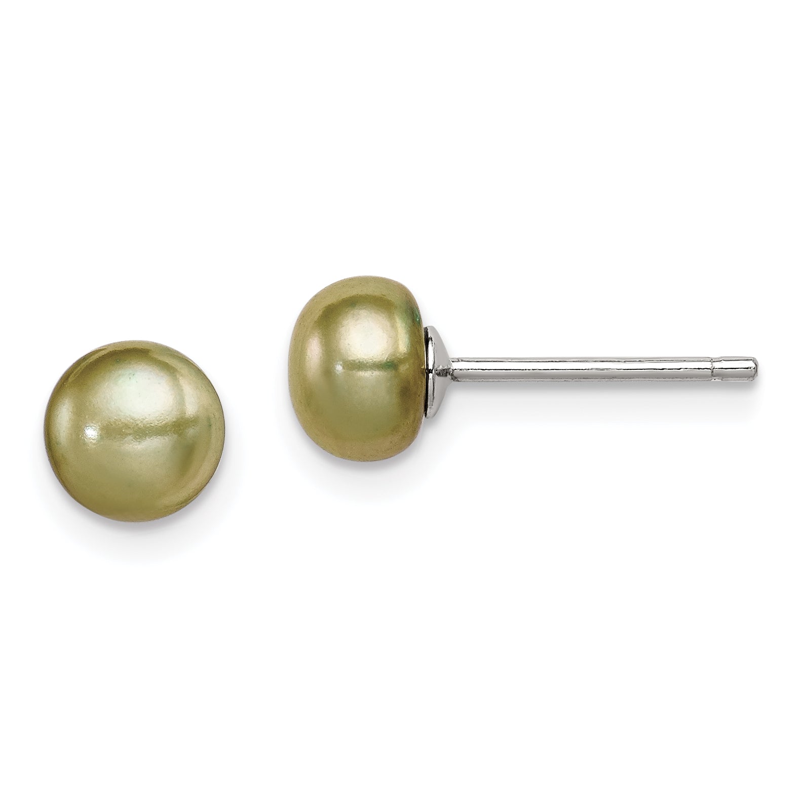 Sterling Silver Rhod-pltd Green 6-7mm Button FWC Pearl Post Earrings Main image