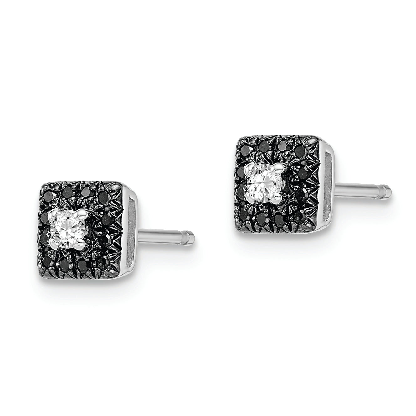 White Night Sterling Silver Rhodium-plated Black and White Diamond Square Stud Post Earrings Secondary image