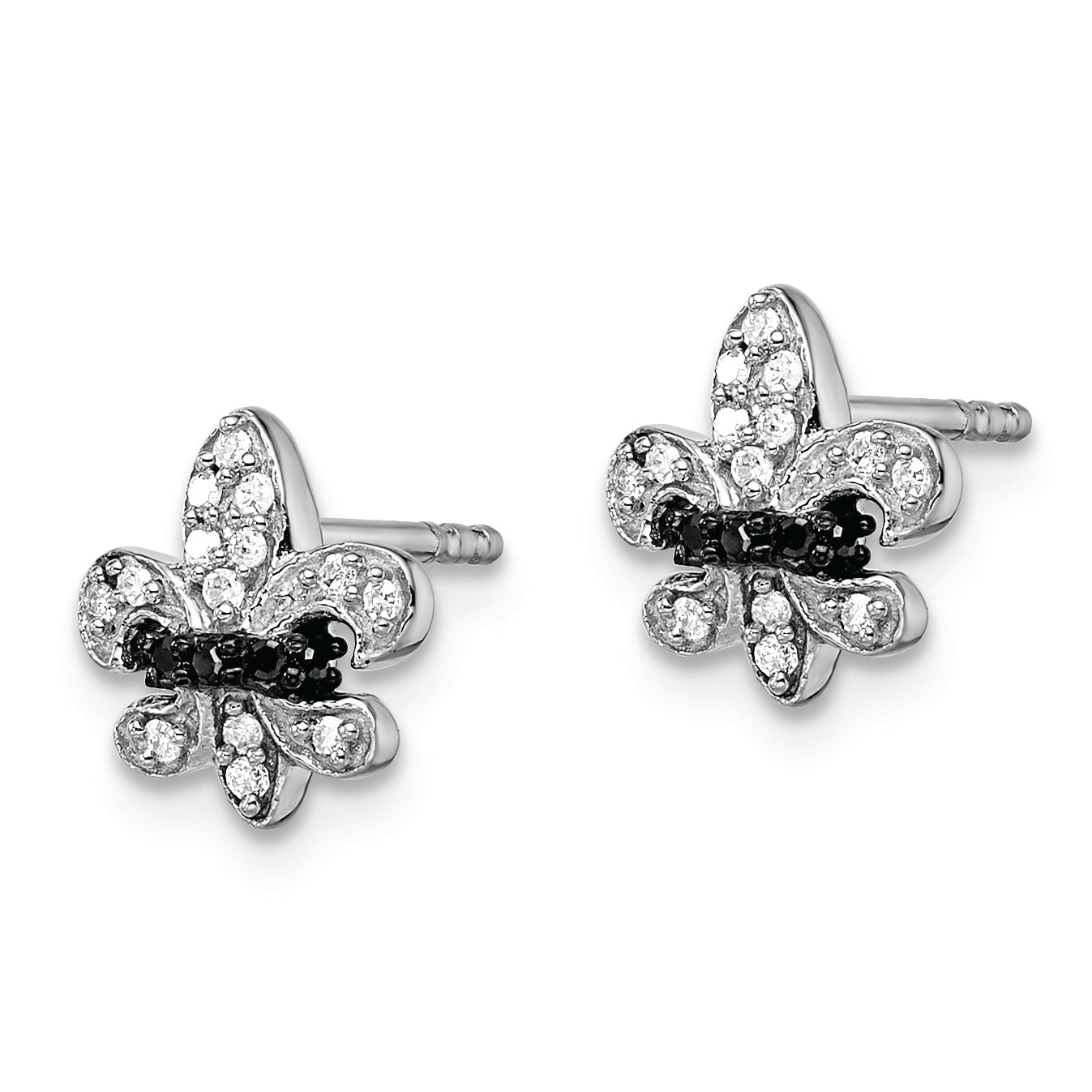 White Night Sterling Silver Rhodium-plated Black and White Diamond Fleur de Lis Post Earrings Secondary image