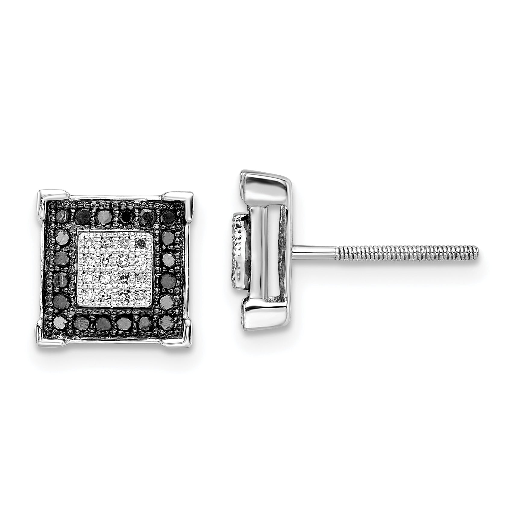 White Night Sterling Silver Rhodium-plated Black and White Diamond Square Post Earrings Main image