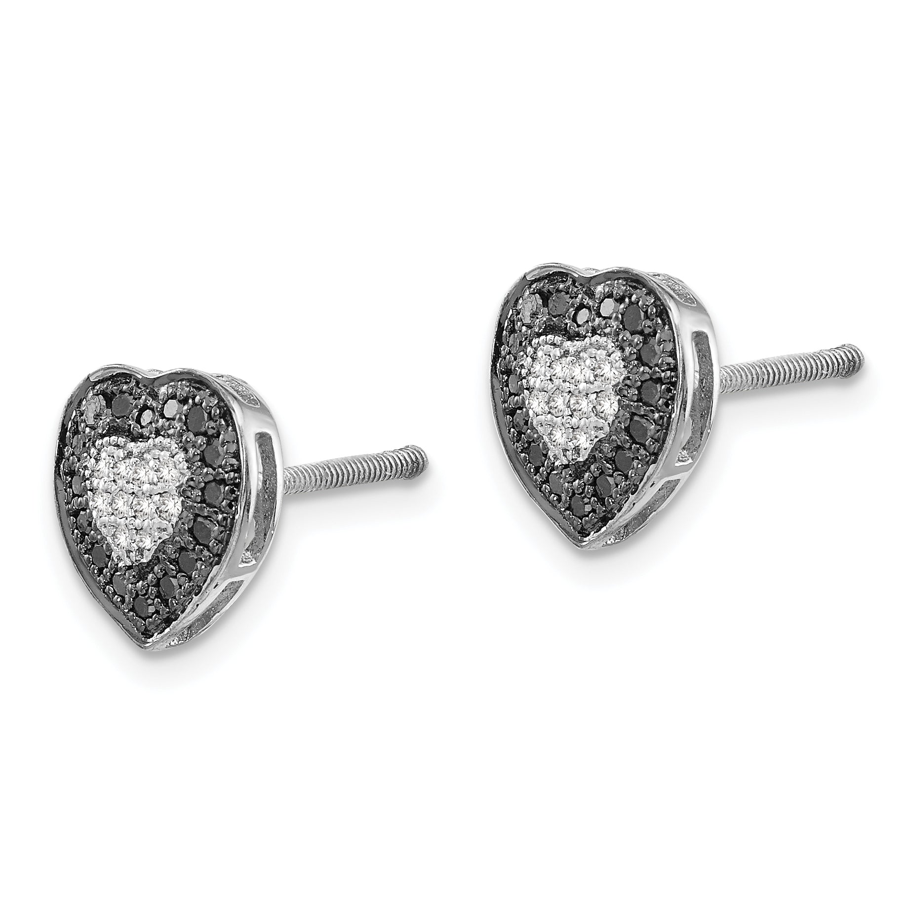 White Night Sterling Silver Rhodium-plated Black and White Diamond Heart Post Earrings Secondary image