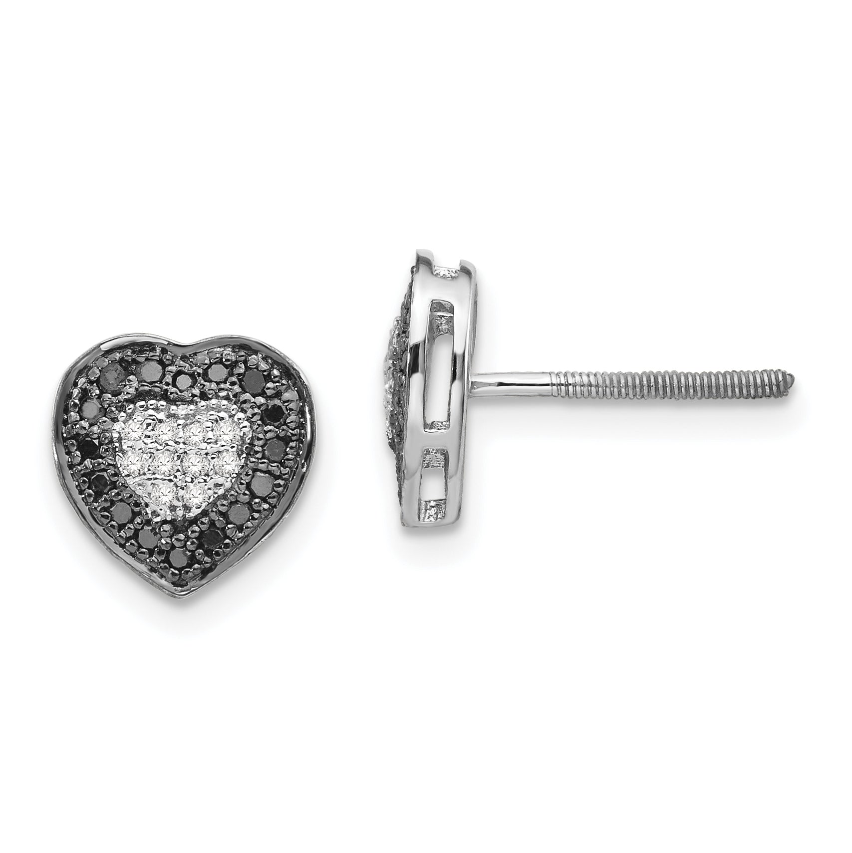 White Night Sterling Silver Rhodium-plated Black and White Diamond Heart Post Earrings Main image