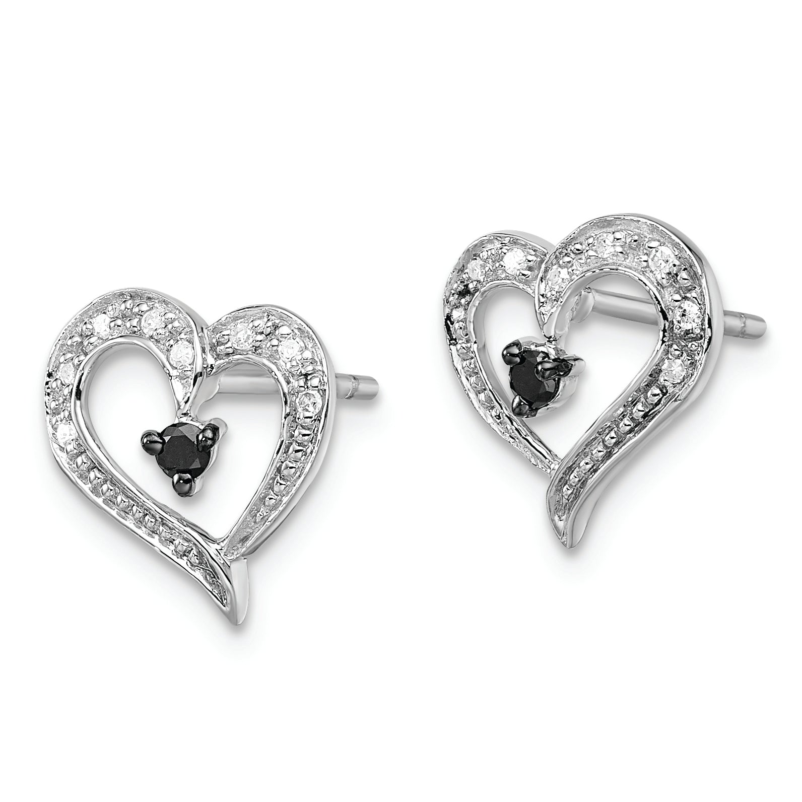 White Night Sterling Silver Rhodium-plated Black and White Diamond Heart Post Earrings Secondary image