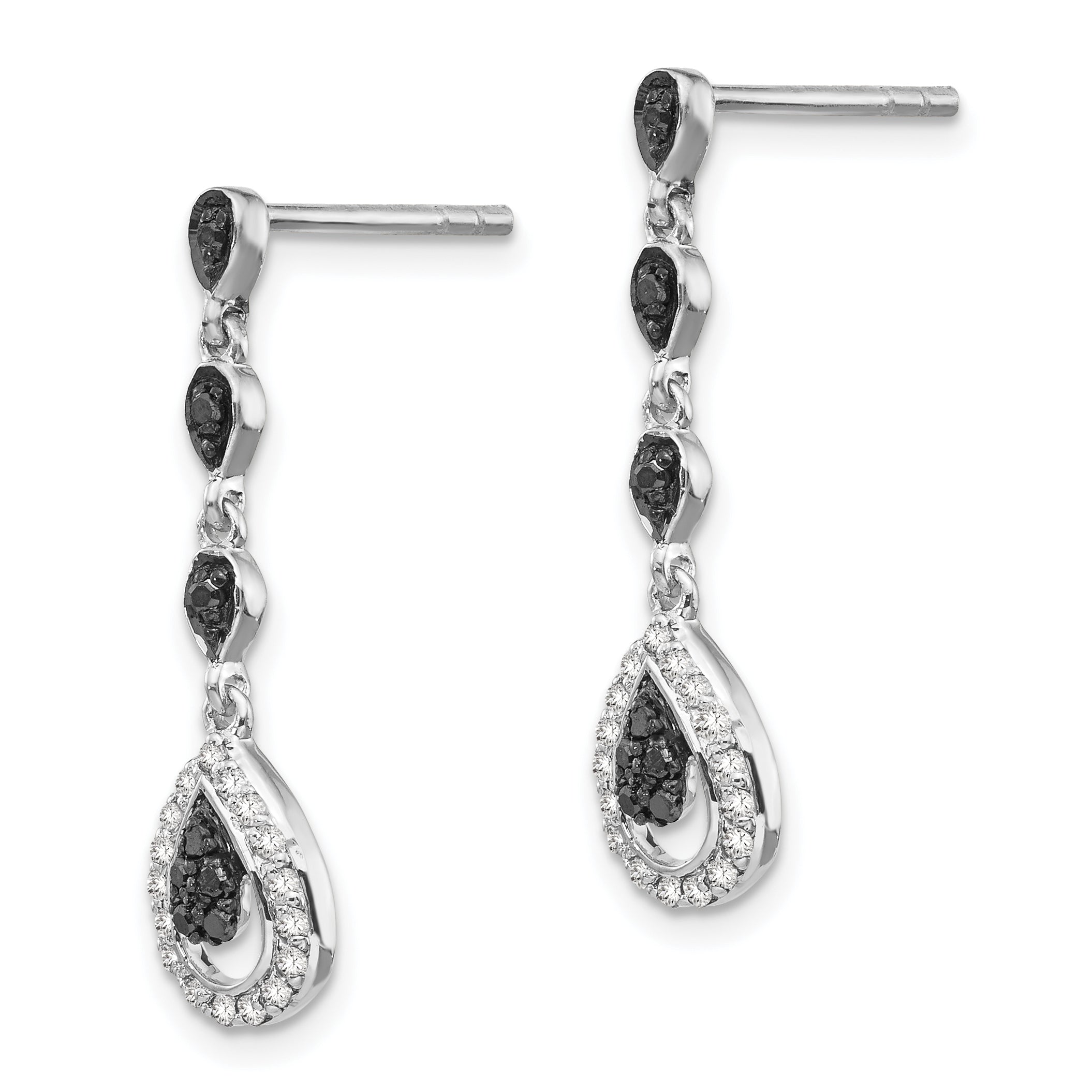 White Night Sterling Silver Rhodium-plated Black and White Diamond Teardrop Post Dangle Earrings Secondary image