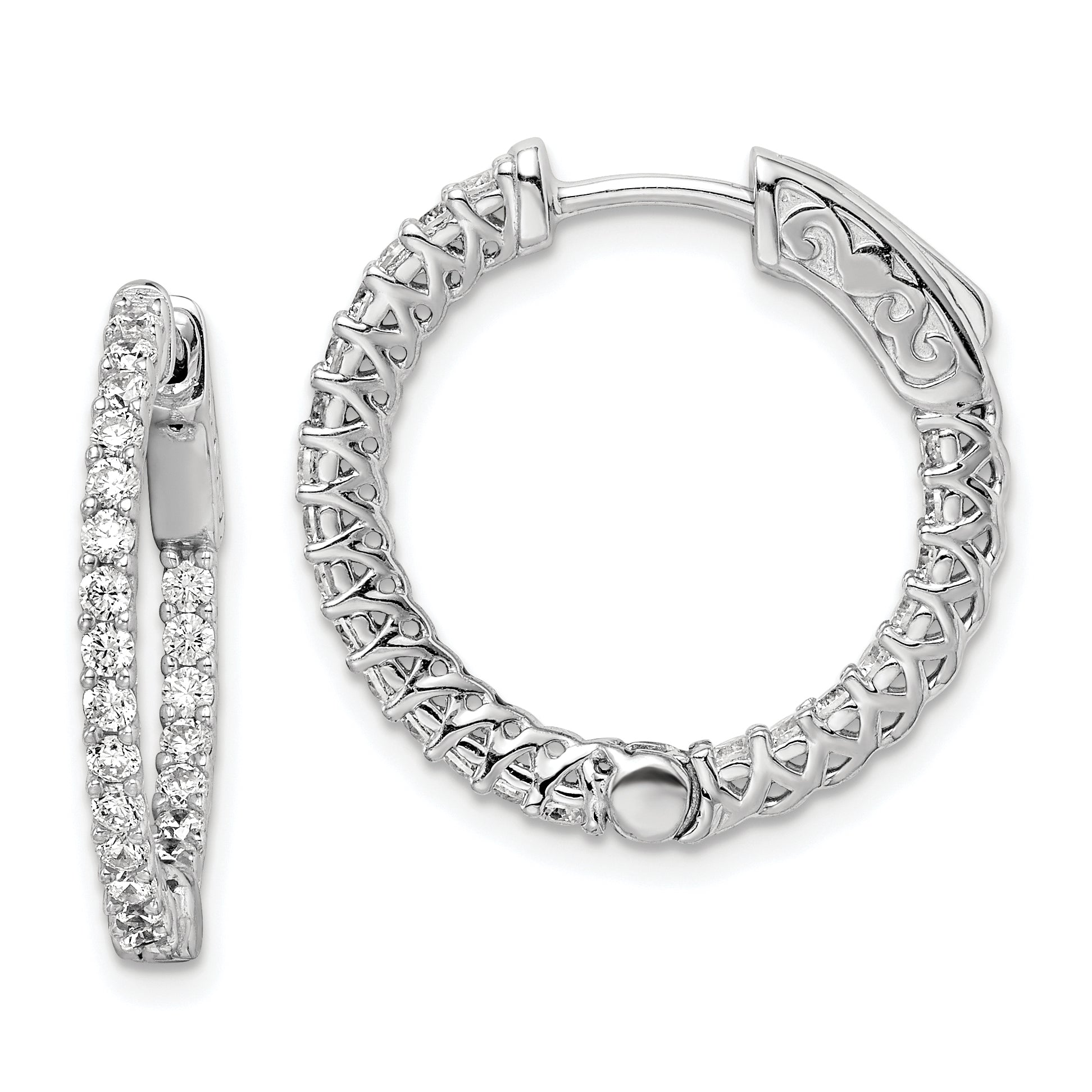 Sterling Shimmer Sterling Silver Rhodium-plated 46 Stone 1.7mm CZ In and Out Round Hinged Hoop Earrings Main image