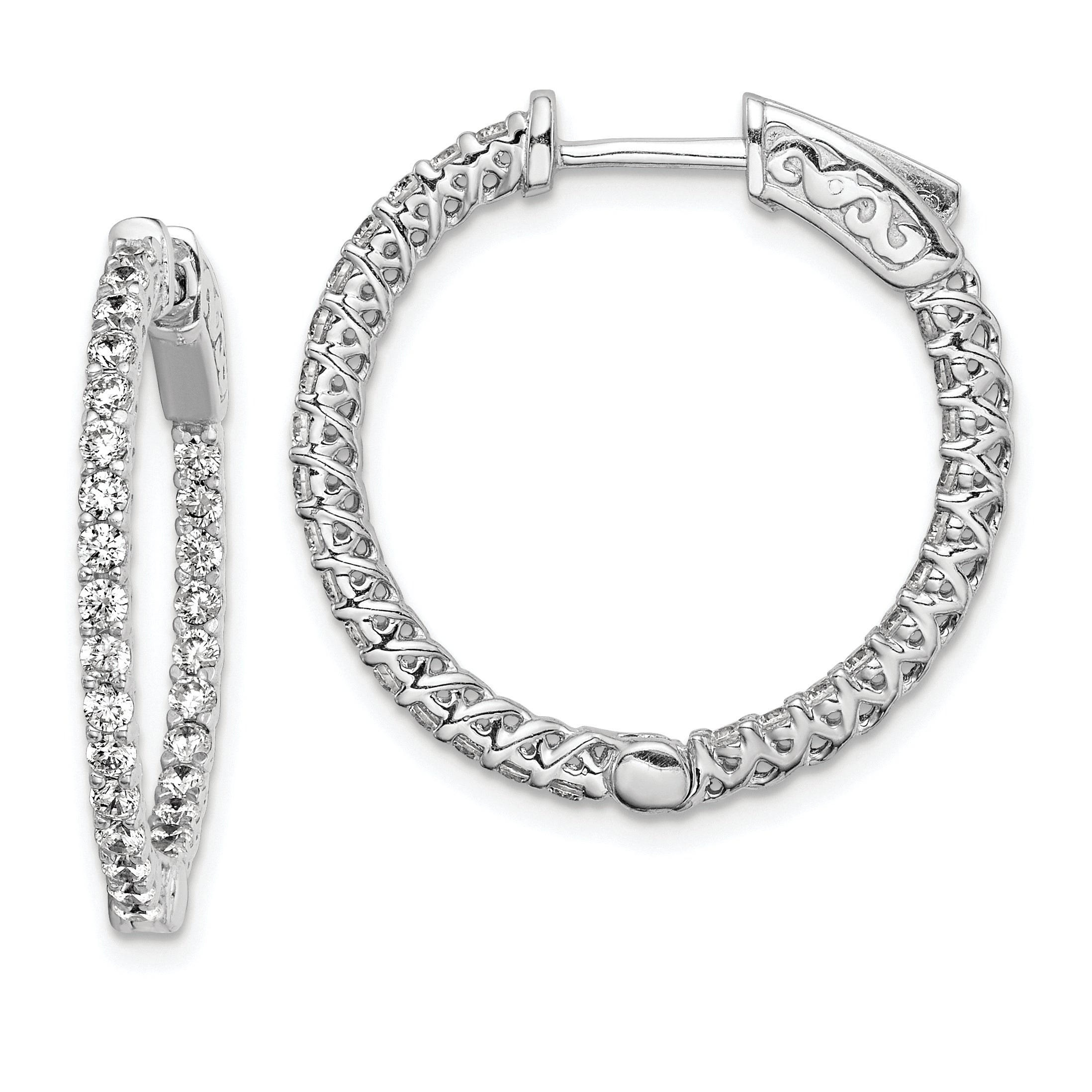 Sterling Shimmer Sterling Silver Rhodium-plated 56 Stone 1.7mm CZ In and Out Round Hinged Hoop Earrings