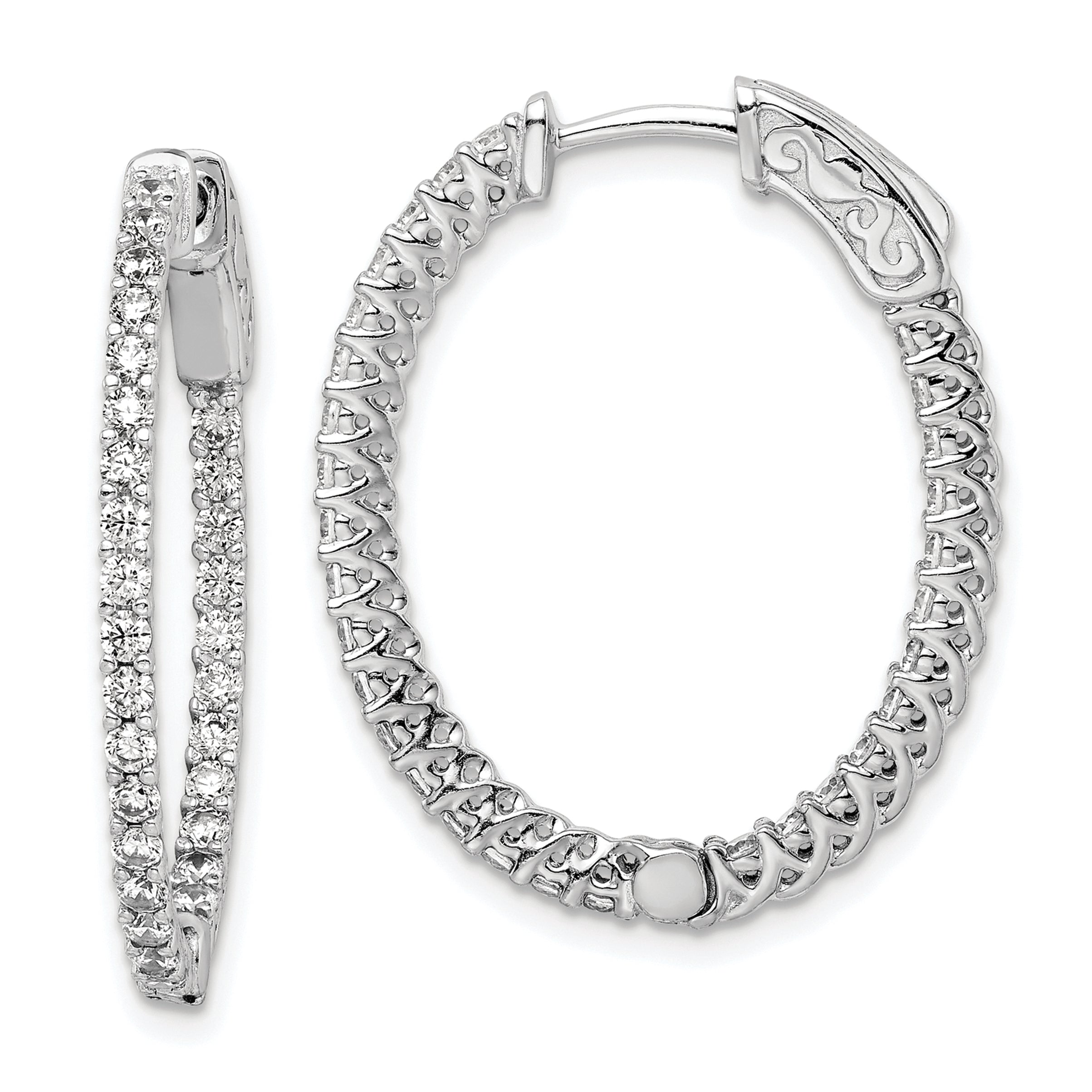 Sterling Shimmer Sterling Silver Rhodium-plated 60 Stone 1.7mm CZ In and Out Oval Hinged Hoop Earrings Main image
